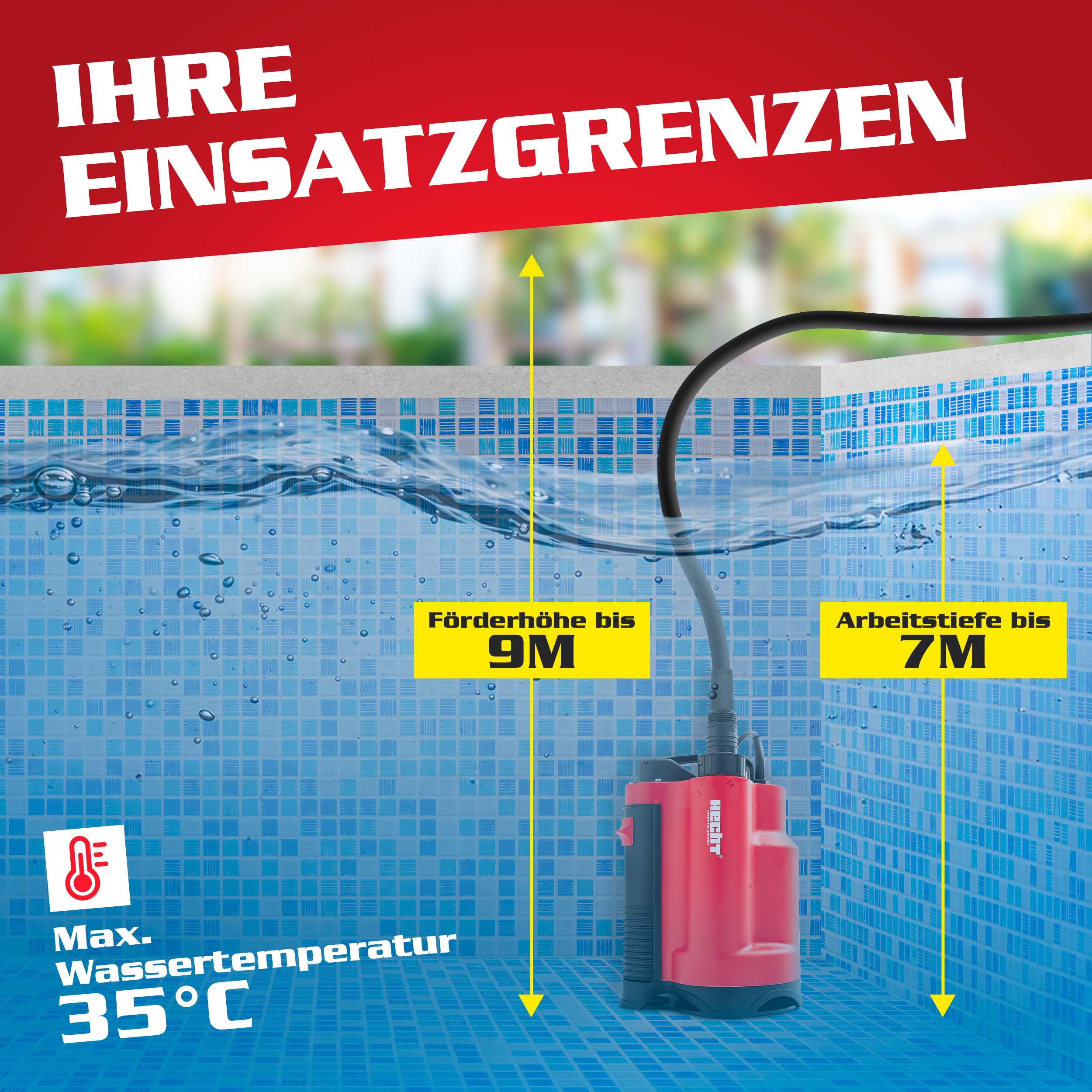 HECHT Tauchpumpe 3775 mit 9 m Förderhöhe und stabilem Kunststoffgehäuse