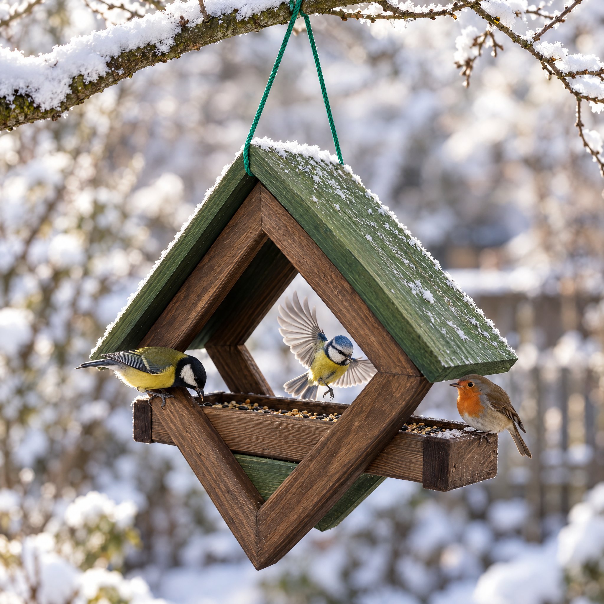 Vogelhaus Braun-Grün im Einsatz: Blaumeise, Kohlmeise und Rotkehlchen (Dieses Bild wurde mit Hilfe von KI generiert.)