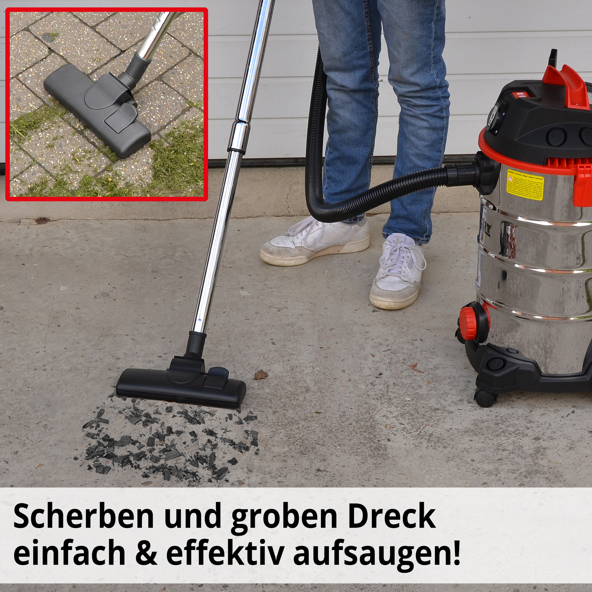 Industriesauger entfernt Glasscherben und Grobschmutz auf glatten und rauen Böden