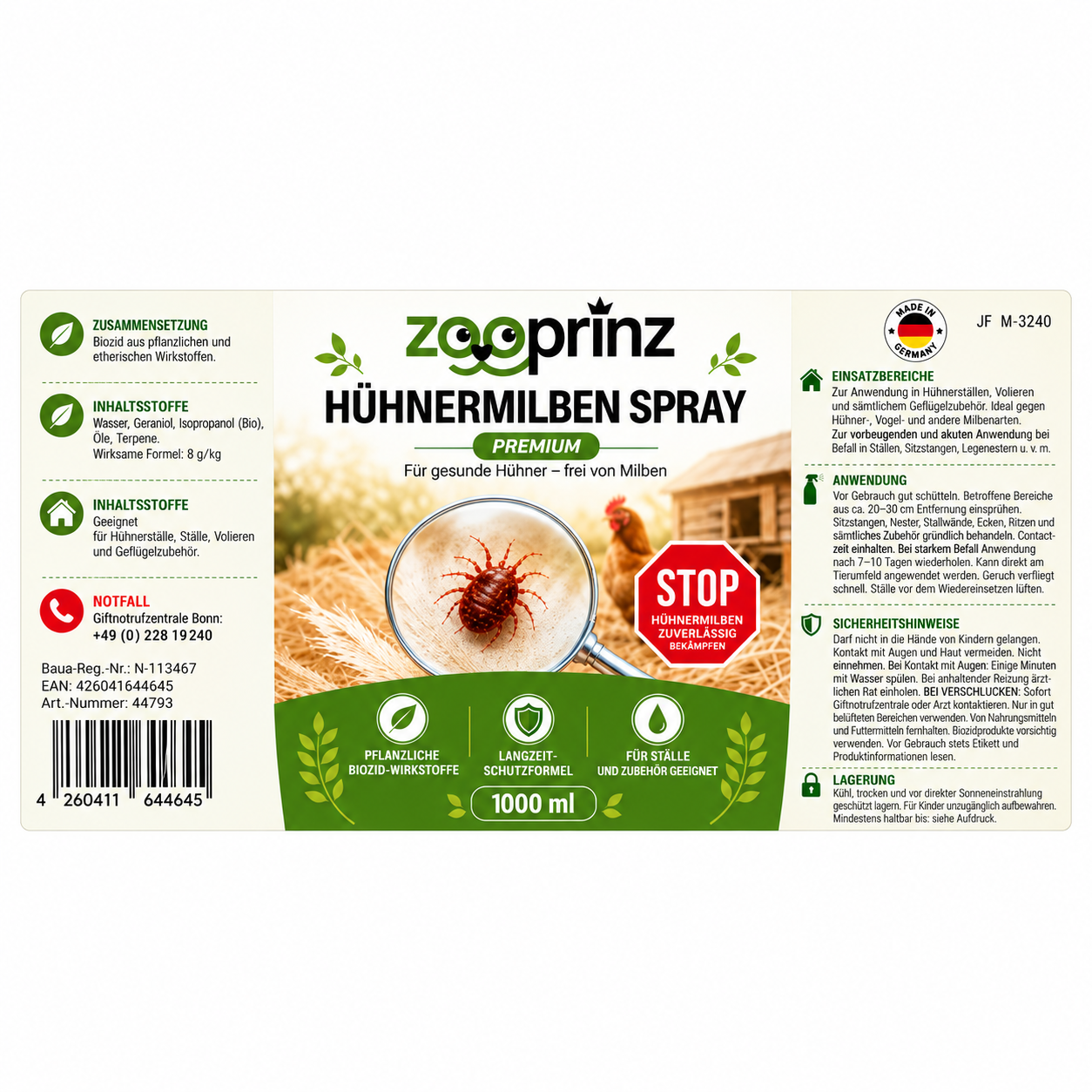 zooprinz Hühnermilben Spray Etikett: Details zu Inhaltsstoffen und Anwendung (Dieses Bild wurde mit Hilfe von KI generiert.)