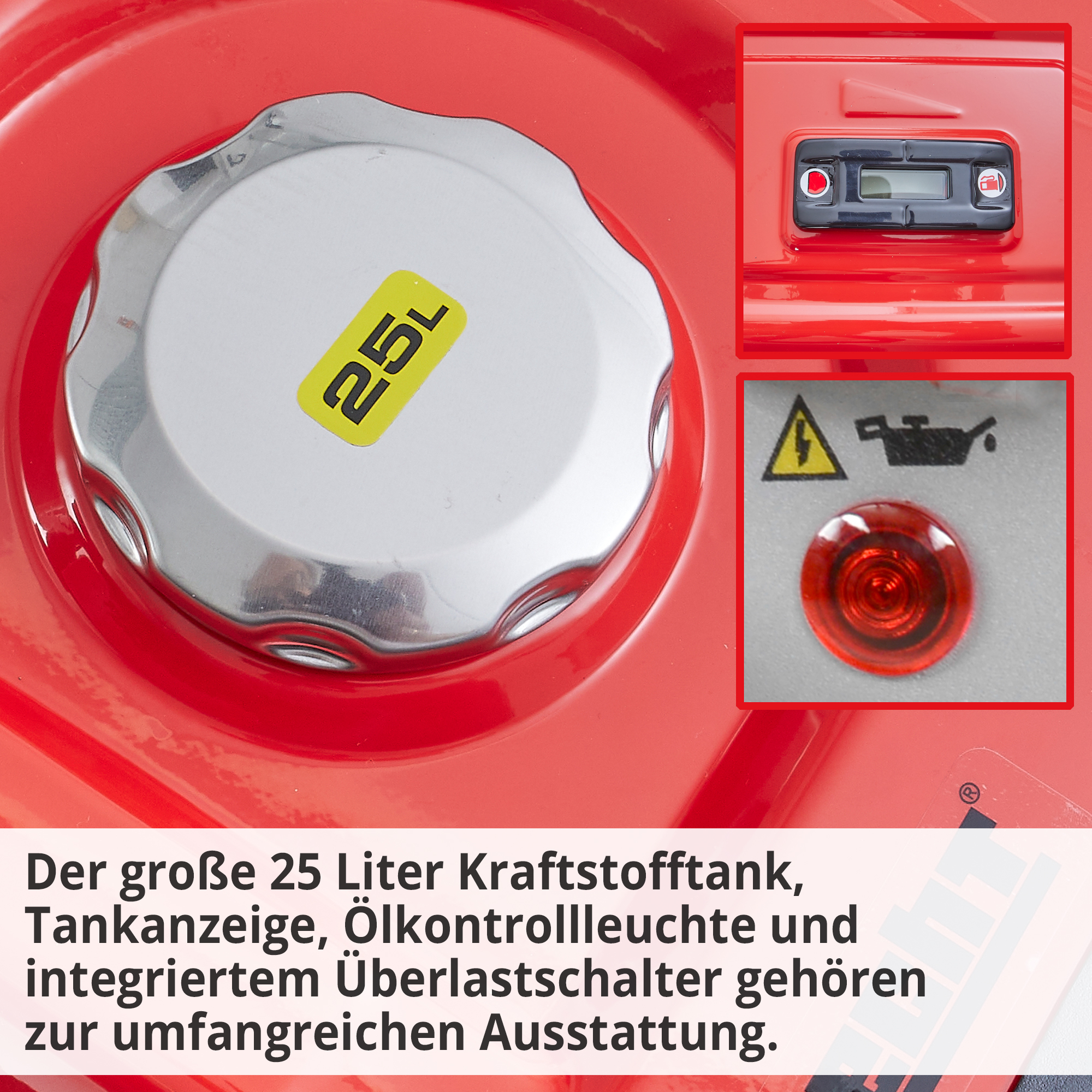Hecht GG 11000 Notstromaggregat Benzin mit großem Kraftstofftank, Tankanzeige, Ölkontrollleuchte und integriertem Überlastschalter gehören zur umfangreichen Ausstattung
