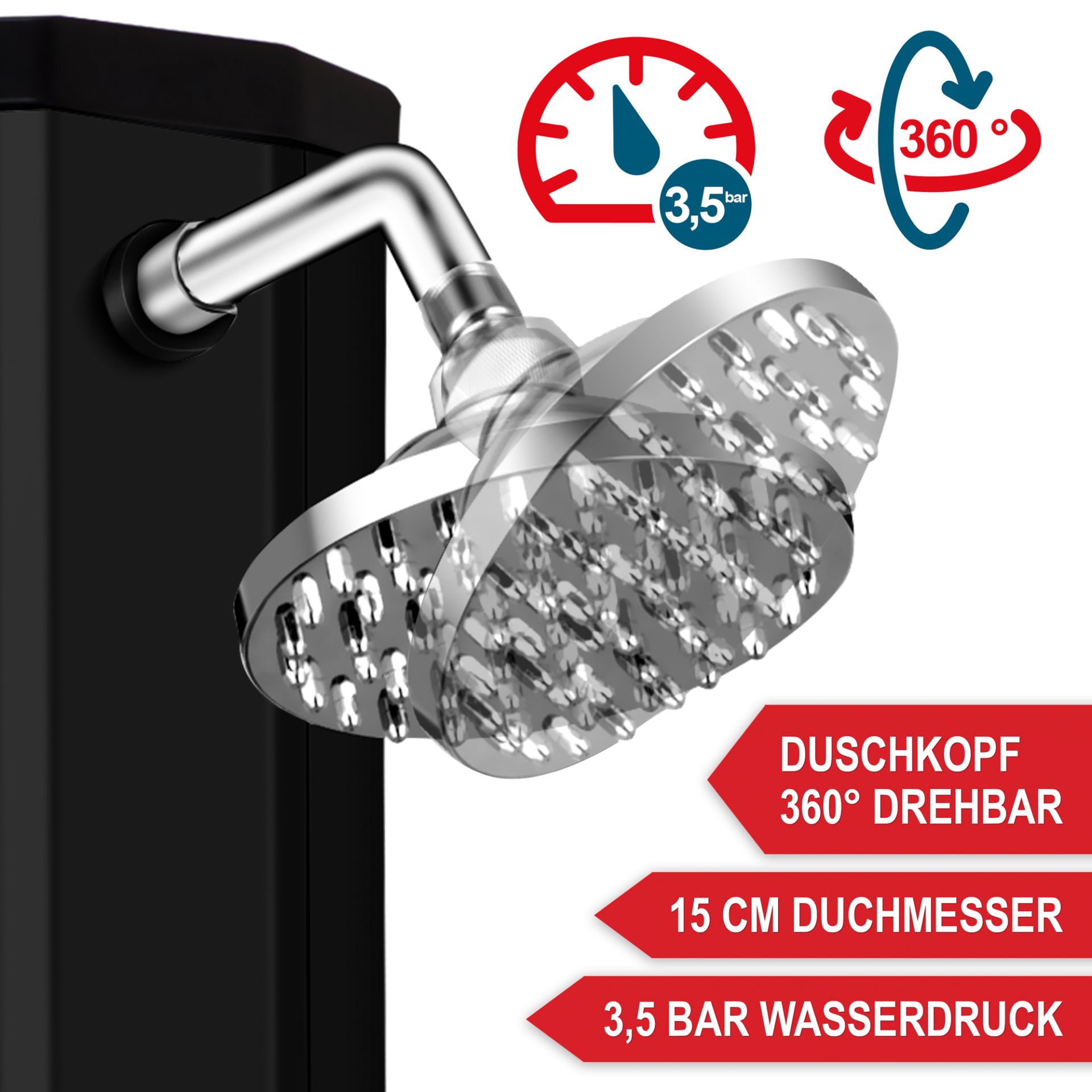 Solardusche schwarz - Duschkopf 360 Grad drehbar, optimaler Durchmesser, hoher Wasserdruck
