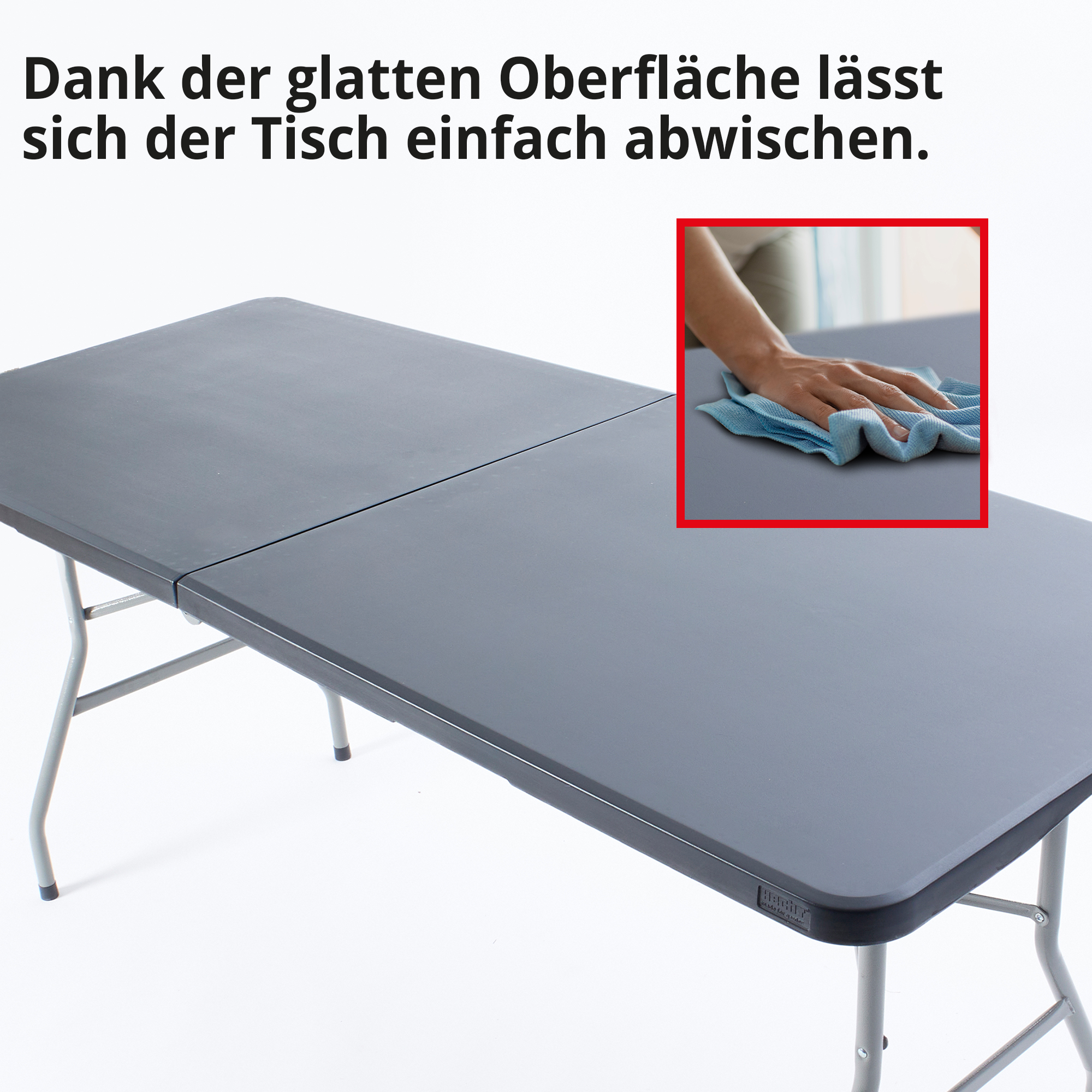 Hecht Foldis Set; Dank der glatten Oberfläche lässt sich der Tisch einfach abwichen