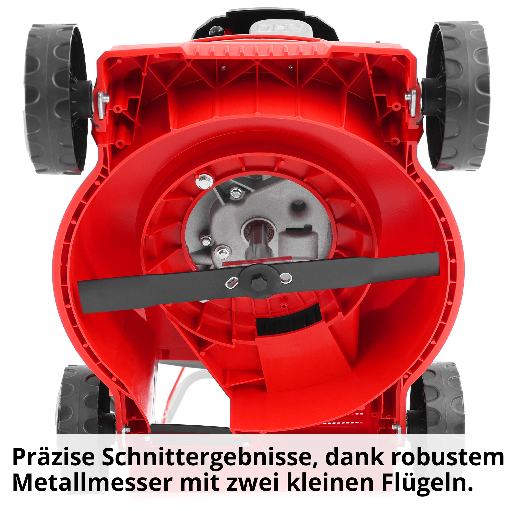 Benzinrasenmäher mit robustem Metallmesser und zwei Flügeln für präzise Schnittergebnisse 