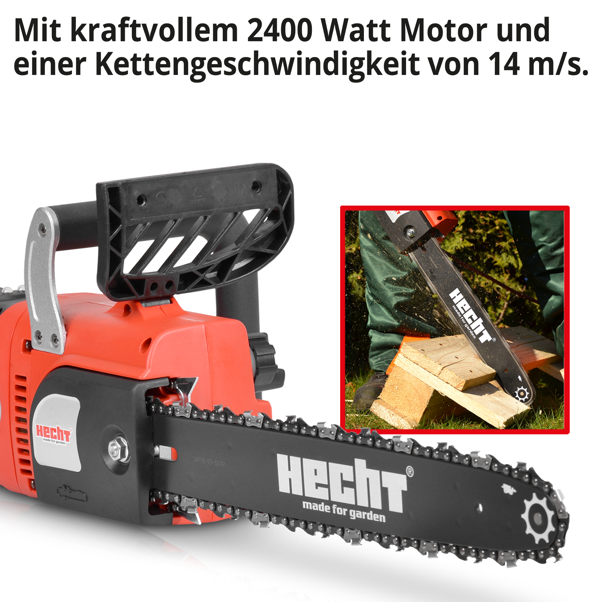 Elektrokettensäge; kraftvoller 2400 Watt Motor und Kettengeschwindigkeit von 14 Meter pro Sekunde