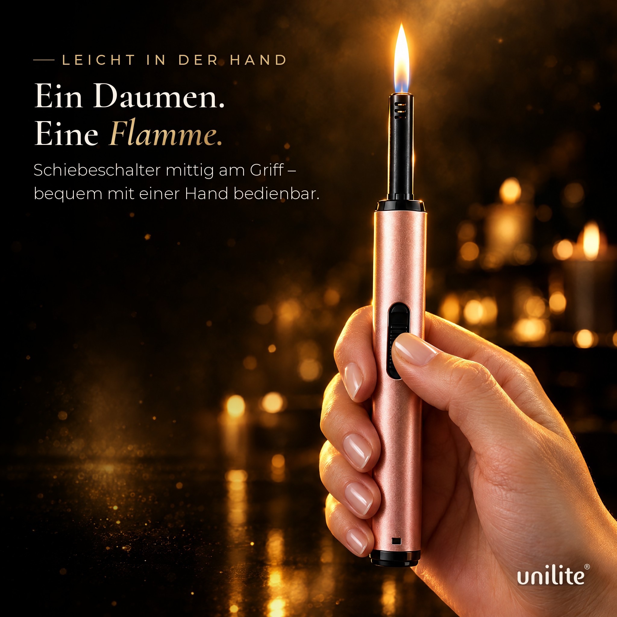Kaminfeuerzeug Griff: Bequeme Einhandbedienung per Schiebeschalter (Dieses Bild wurde mit Hilfe von KI generiert.)