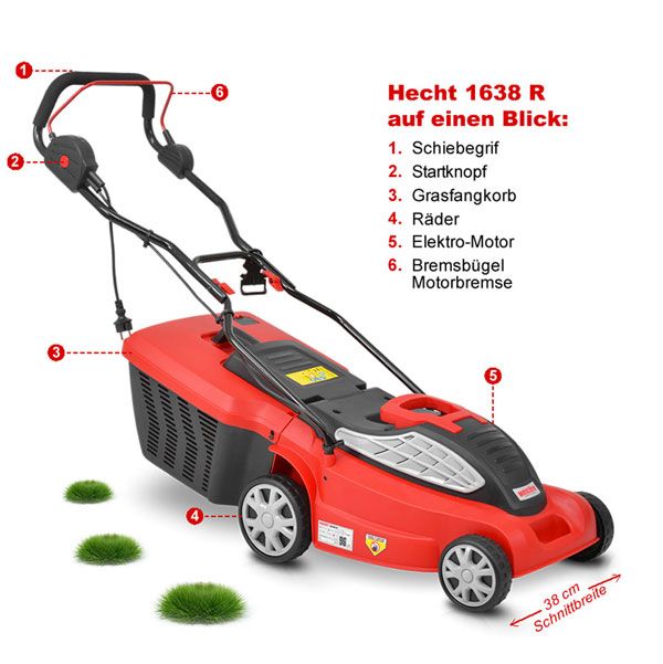 Hecht Elektro-Rasenmäher 1638 R mit Startknopf und Bremsbügel am Führungsholm 