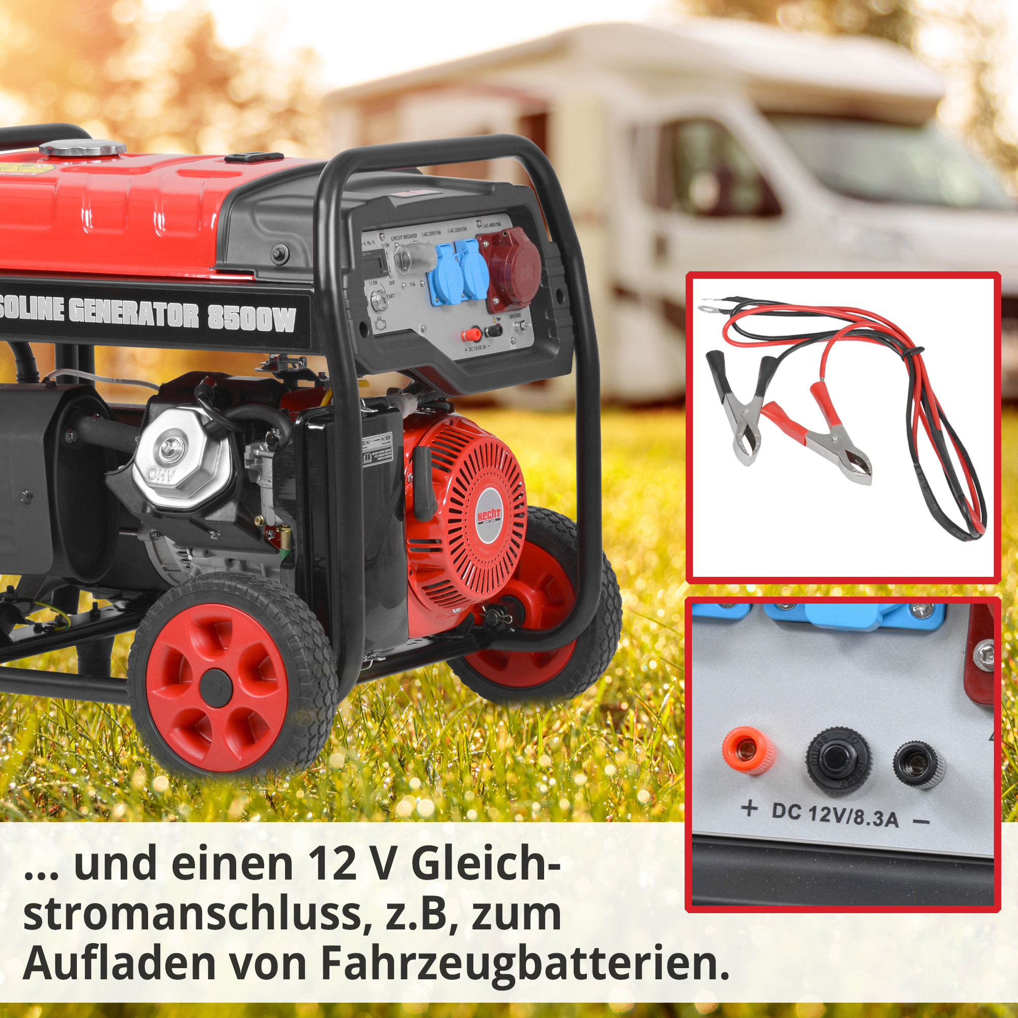 Stromgenerator HECHT mit 12 V Kfz-Anschluss – ideal zum Batterieaufladen unterwegs
