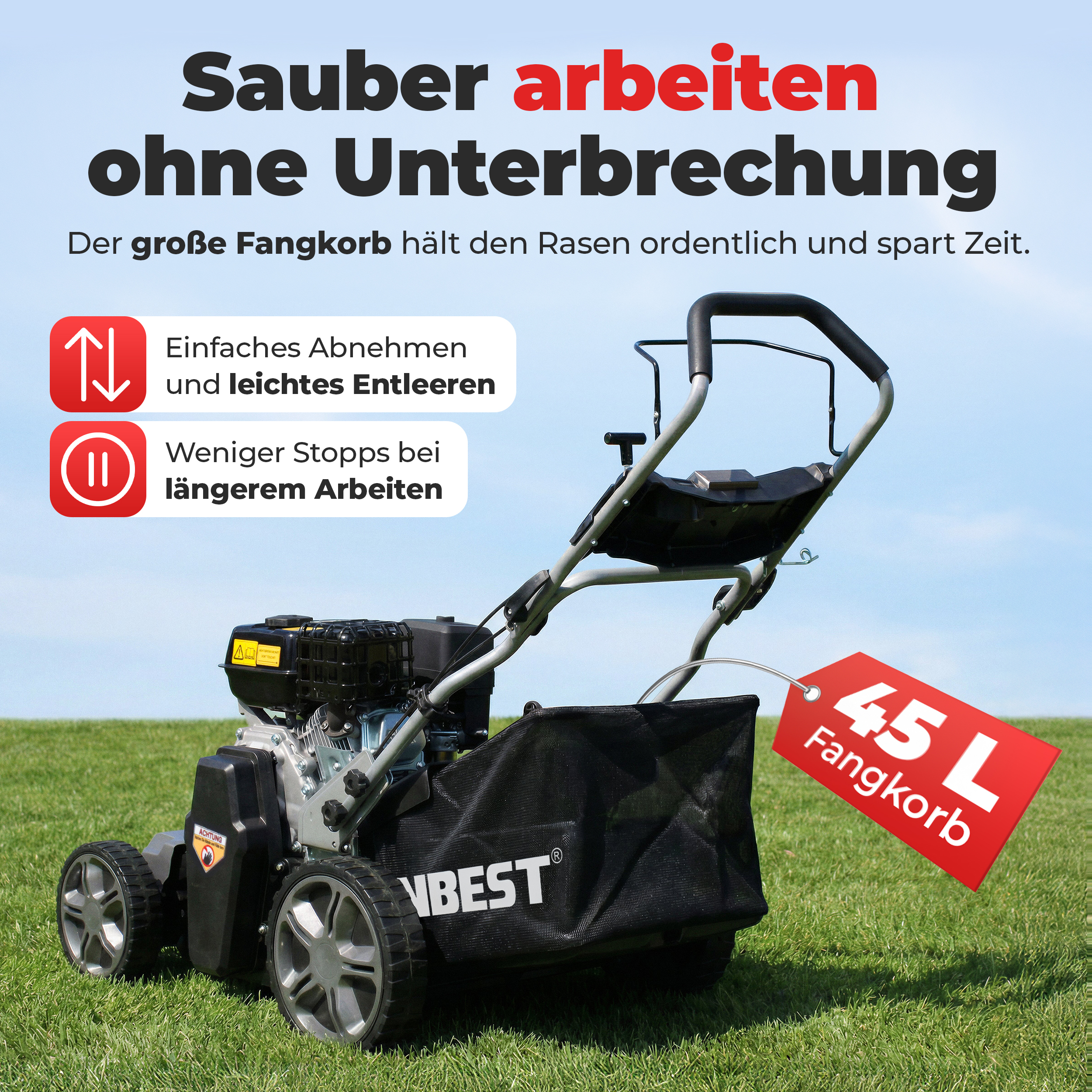 Benzin Vertikutierer Fangkorb 45 L Auffangbehälter schwarz groß Volumen