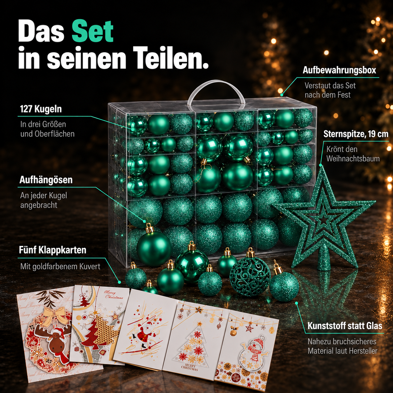 ONBEST Christbaumschmuck: Übersicht der 127 Kugeln nach Größe und Design (Dieses Bild wurde mit Hilfe von KI generiert.)