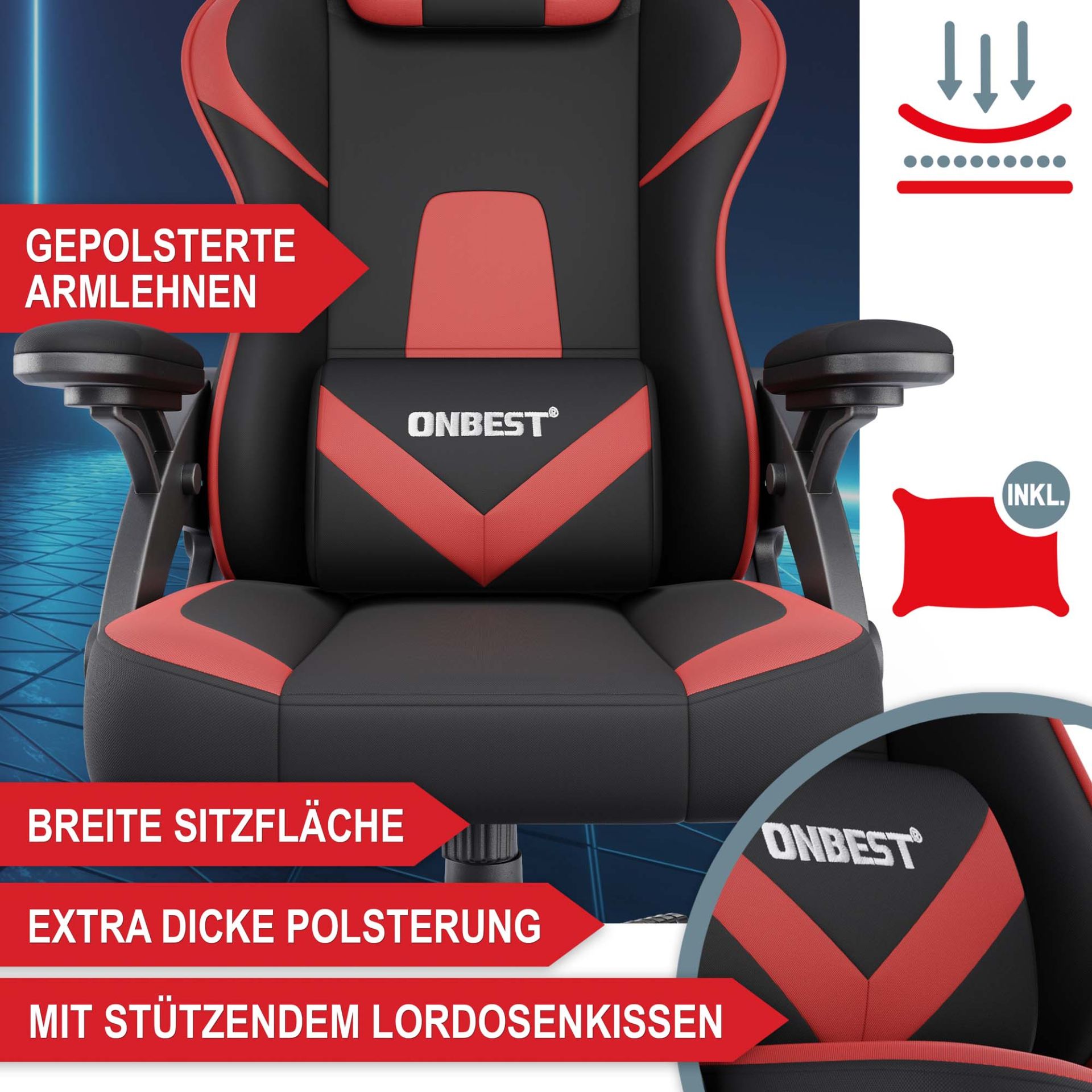 Gaming Stuhl rot/ schwarz - Gepolsterte Armlehne, Breite Sitzfläche, extra dicke Polsterung mit stützendem Lordosenkissen