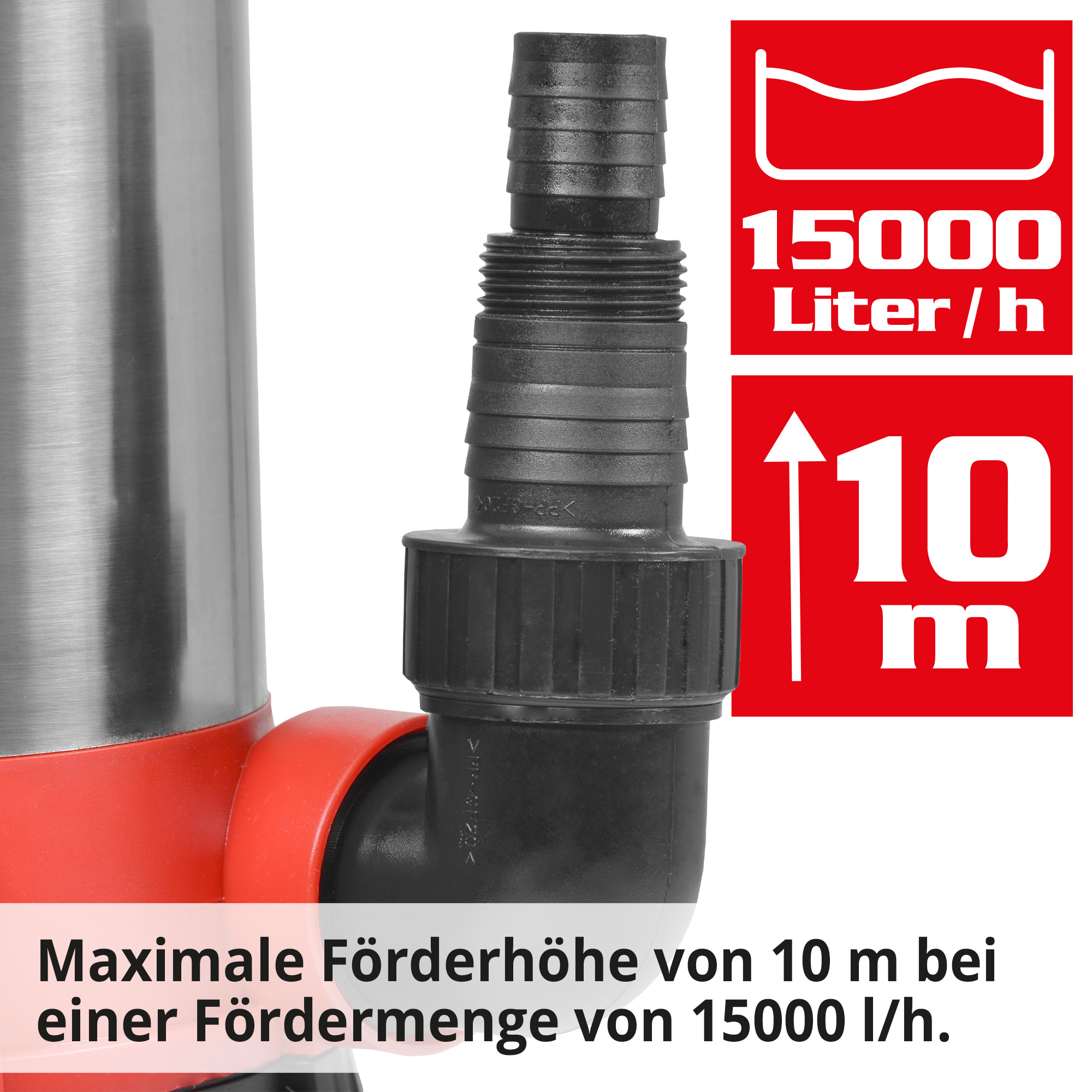 Tauchpumpe; Maximale Förderhöhe von 10 Metern bei einer Fördermenge von 15000 Litern pro Stunde
