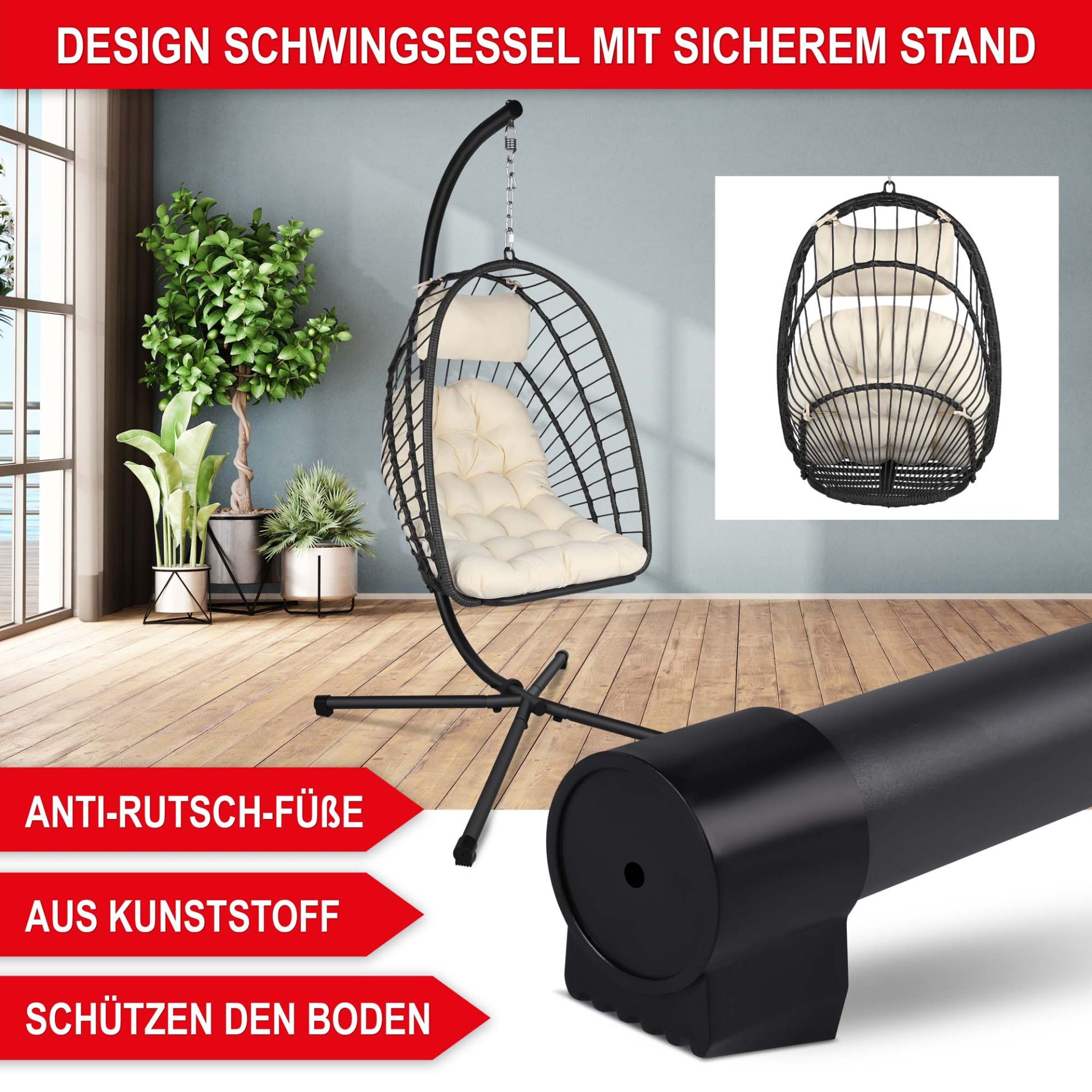 Hängesessel beige - Design Schwingsessel mit sicherem Stand, Antirutschfüße, aus Kunststoff, schützen den Boden Hängesessel beige - Design Schwingsessel mit sicherem Stand, Antirutschfüße, aus Kunststoff, schützen den Boden