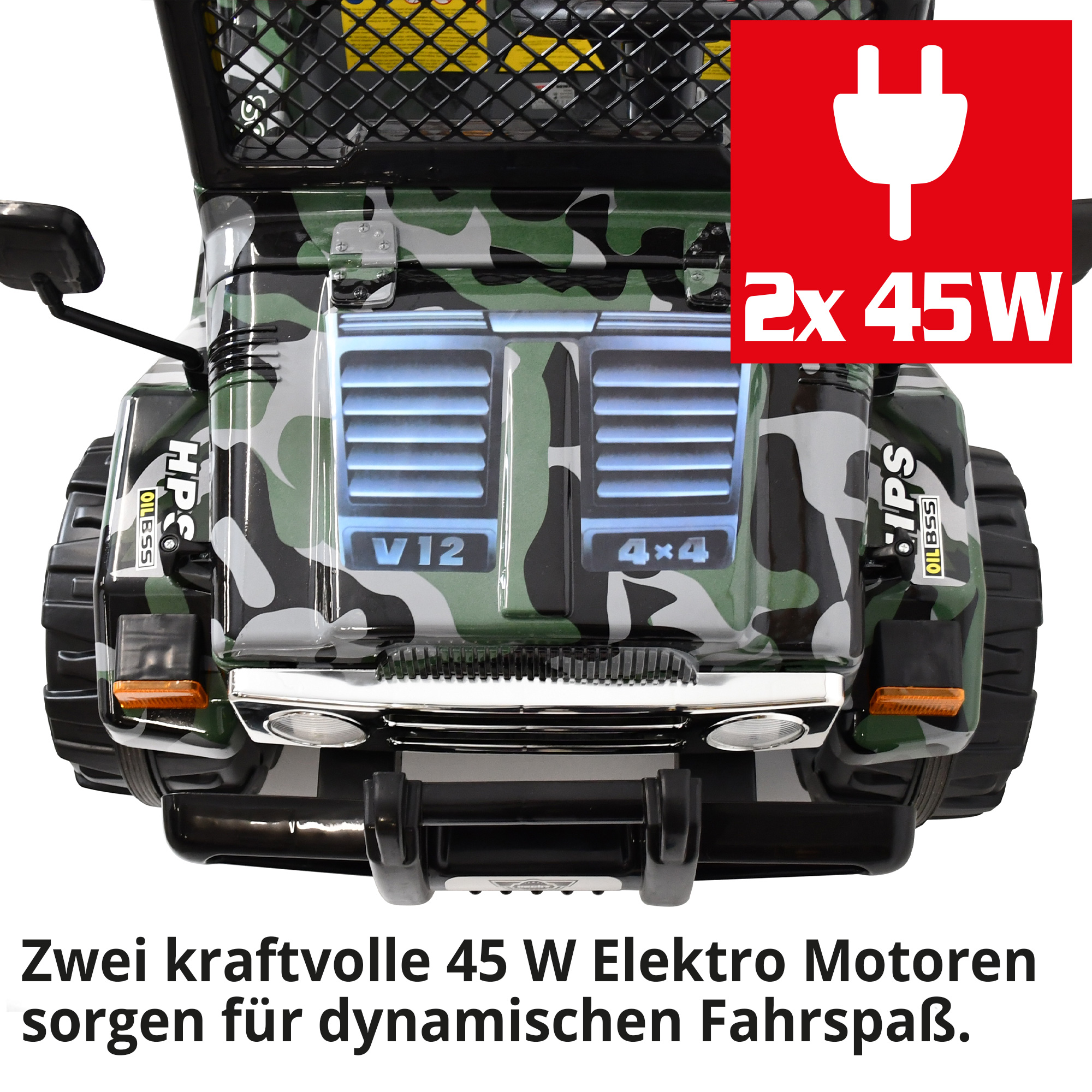 Kinder Elektroauto Jeep Army-Look mit 2 kraftvollen Elektro Motoren sorgen für dynamischen Fahrspaß