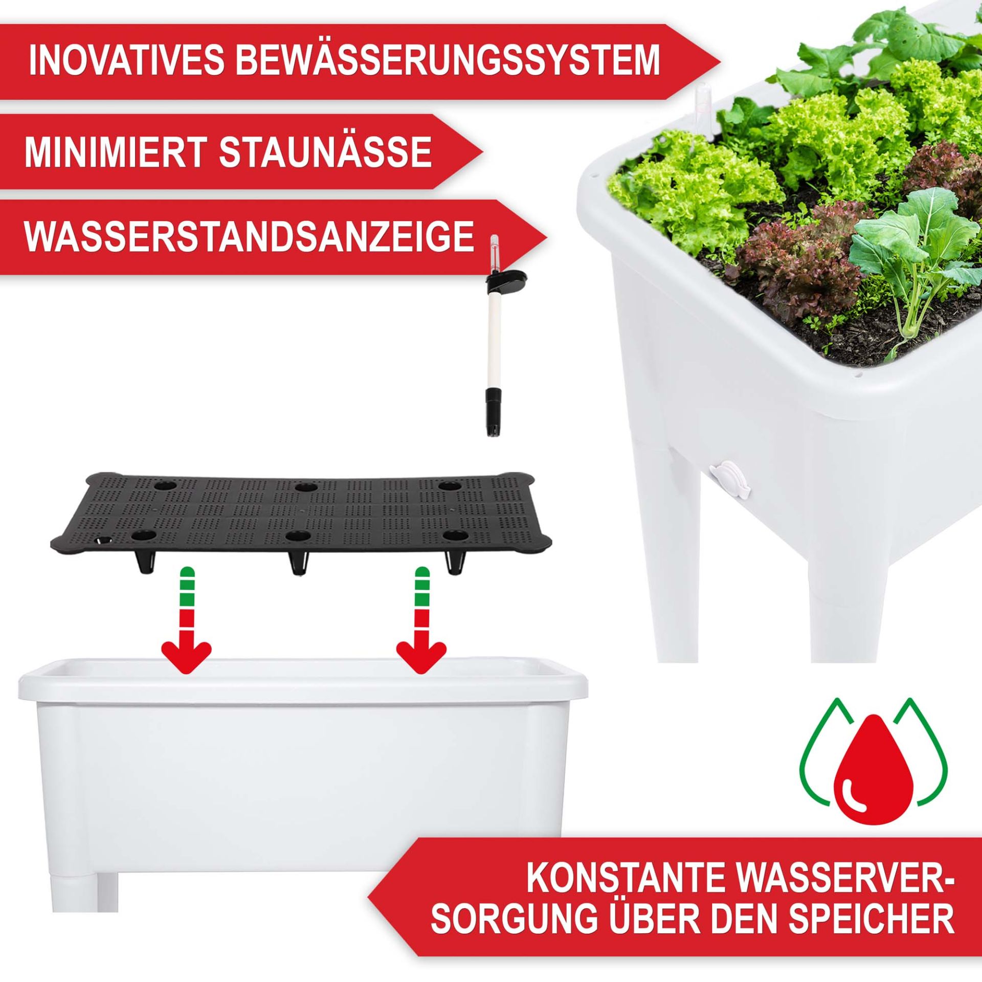 Hochbeet Kunststoff weiß - Innovatives Bewässerungssystem; minimiert Staunässe; Wasserstandsanzeige; konstante Wasserversorgung über den Speicher