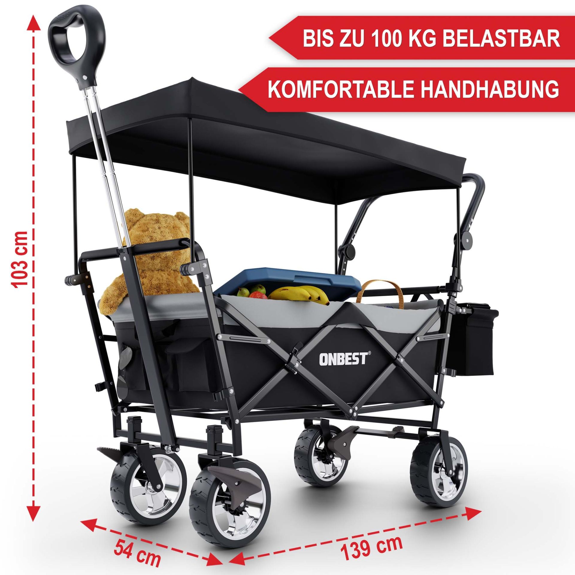 Bollerwagen mit Dach schwarz - Schwer belastbar, komfortable Handhabung