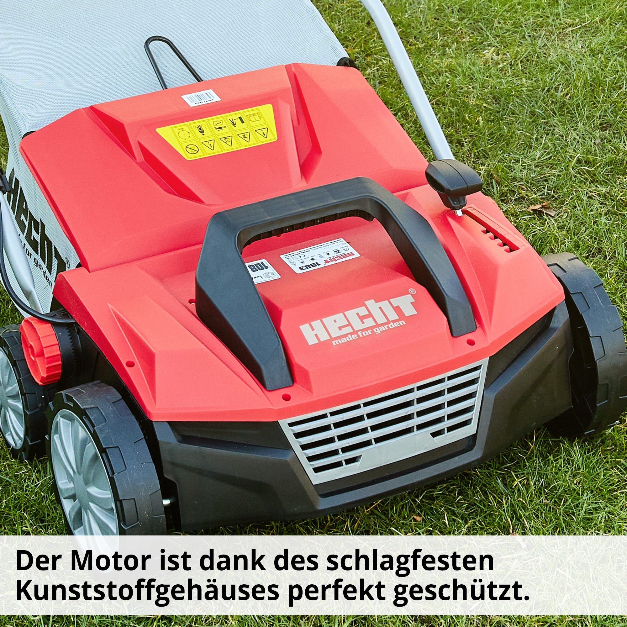 Vertikutierer; Schlagfestes Kunststoffgehäuse schützt den Motor Vertikutierer; Schlagfestes Kunststoffgehäuse schützt den Motor