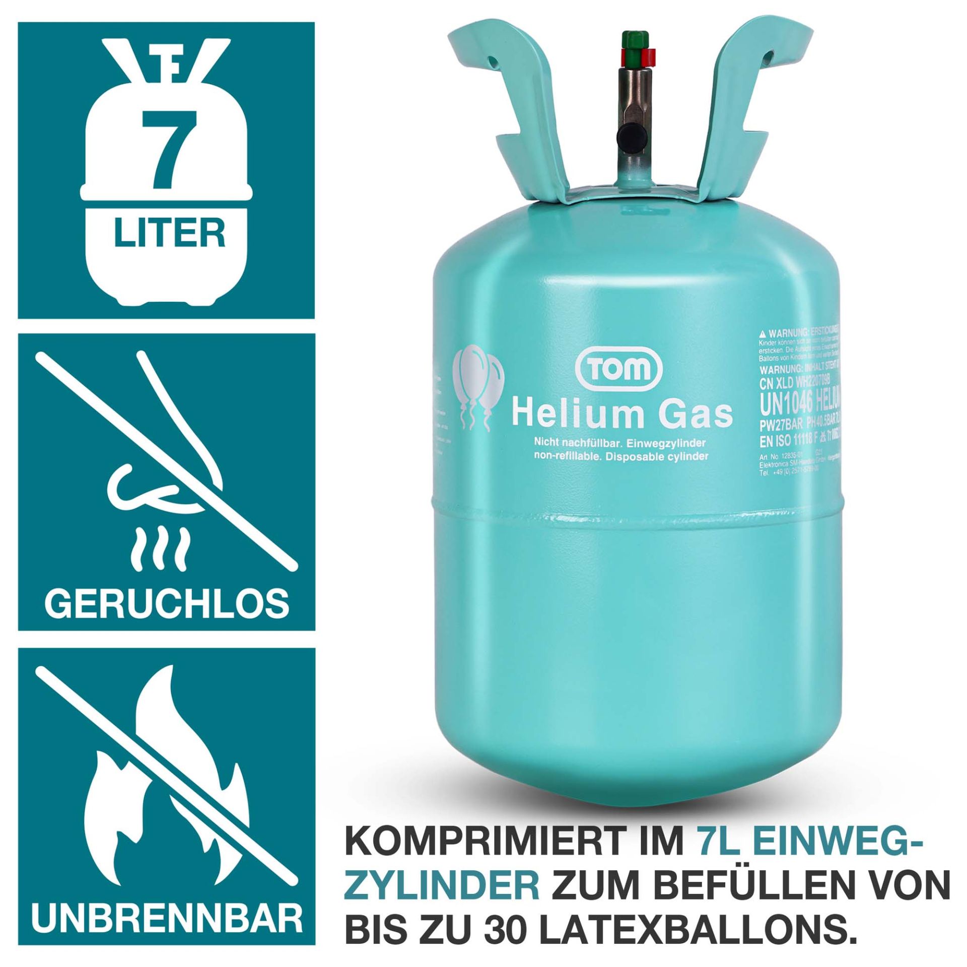 TOM Helium Ballongas HE-700; 7 Liter Einwegzylinder für bis zu 30 Ballons