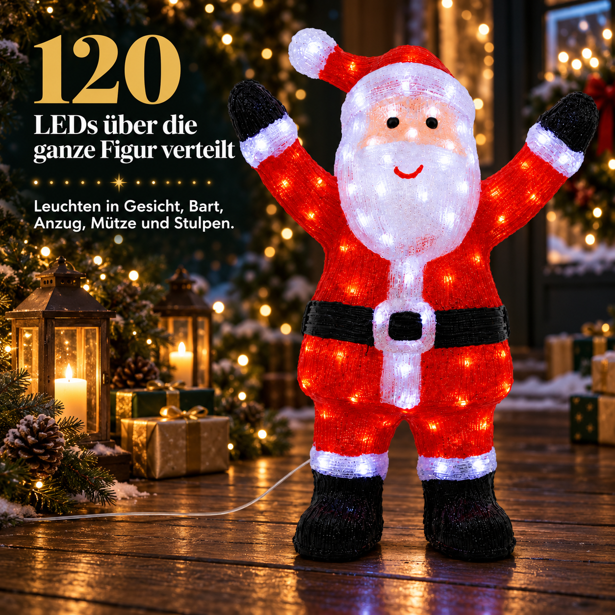 Leuchtender Weihnachtsmann: 120 LEDs erhellen Gesicht, Bart, Anzug und Mütze (Dieses Bild wurde mit Hilfe von KI generiert.)