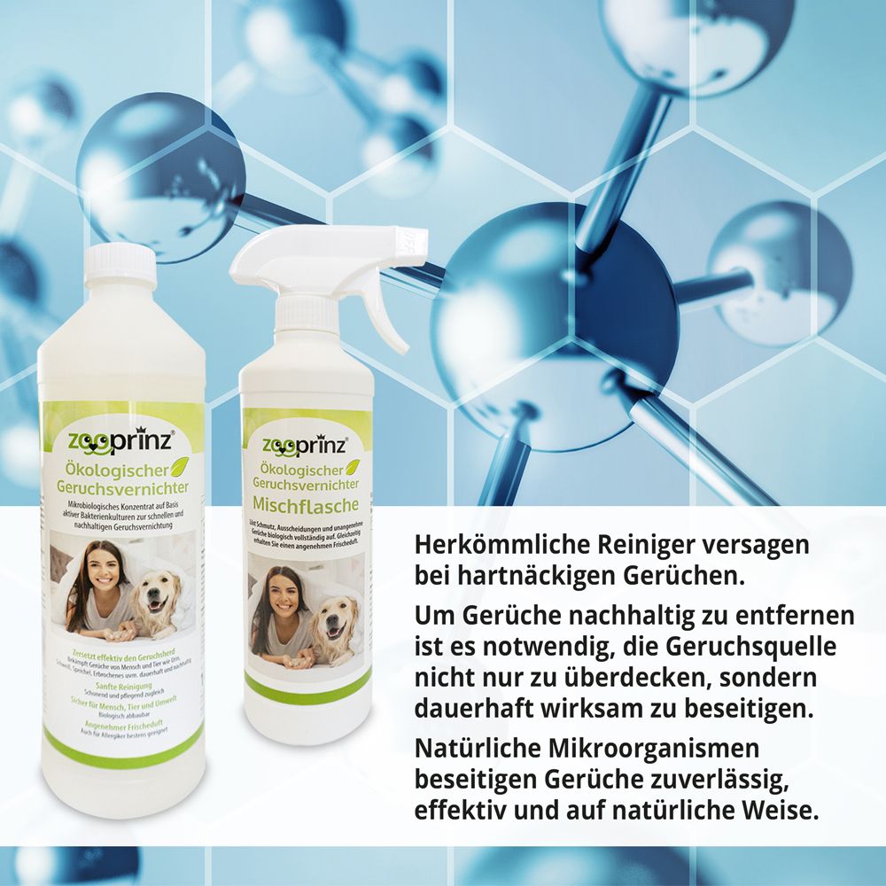 Geruchsvernichter mit Sprühflasche – entfernt hartnäckige Gerüche dauerhaft durch natürliche Mikroorganismen. Effektive Alternative zu herkömmlichen Reinigern, die Gerüche oft nur überdecken. Wirkt nachhaltig und biologisch abbaubar.