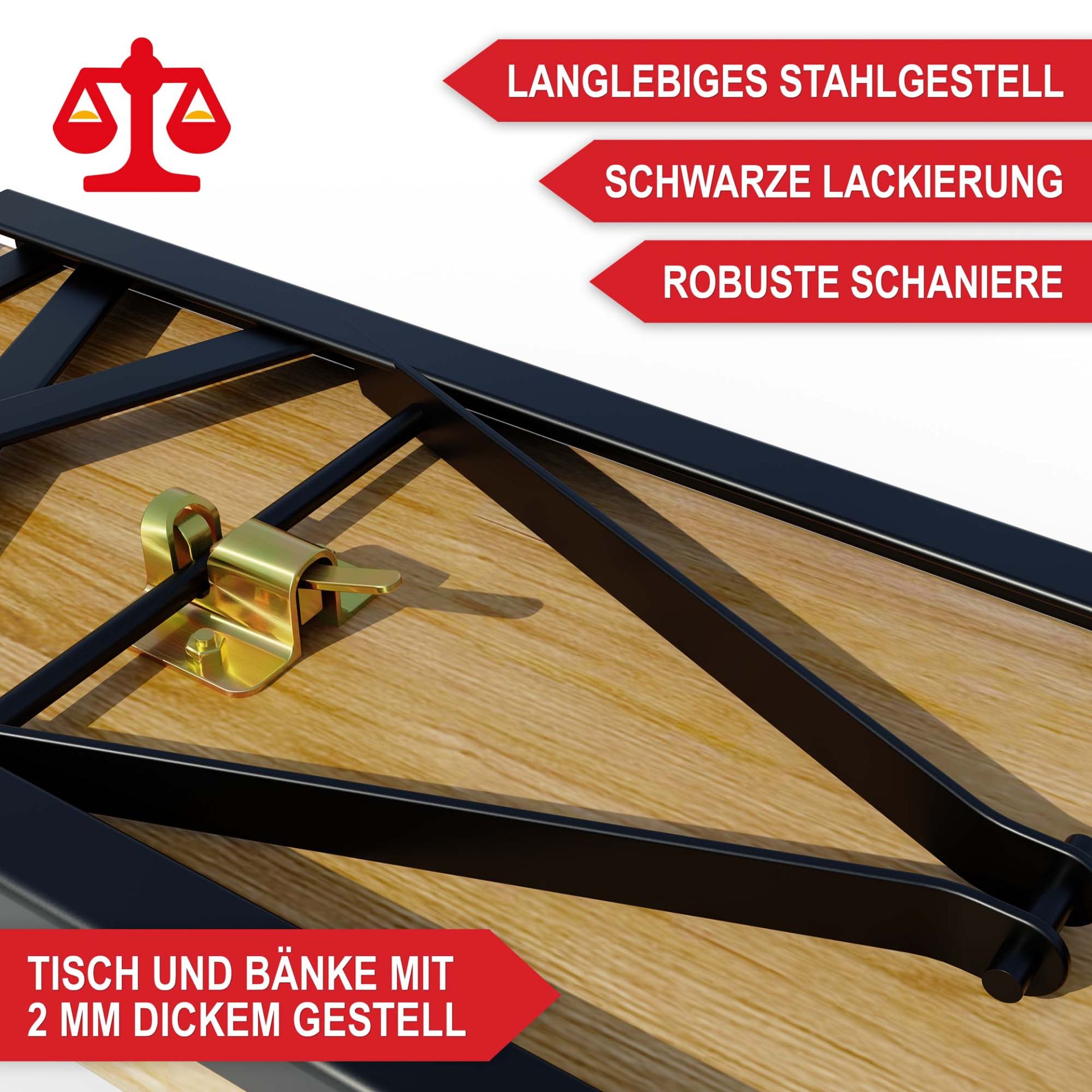 Bierzeltgarnitur Bavaria - Langlebiges Stahlgestell, schwarze Lackierung, robuste Schaniere, Tisch und Bänke mit Gestell
