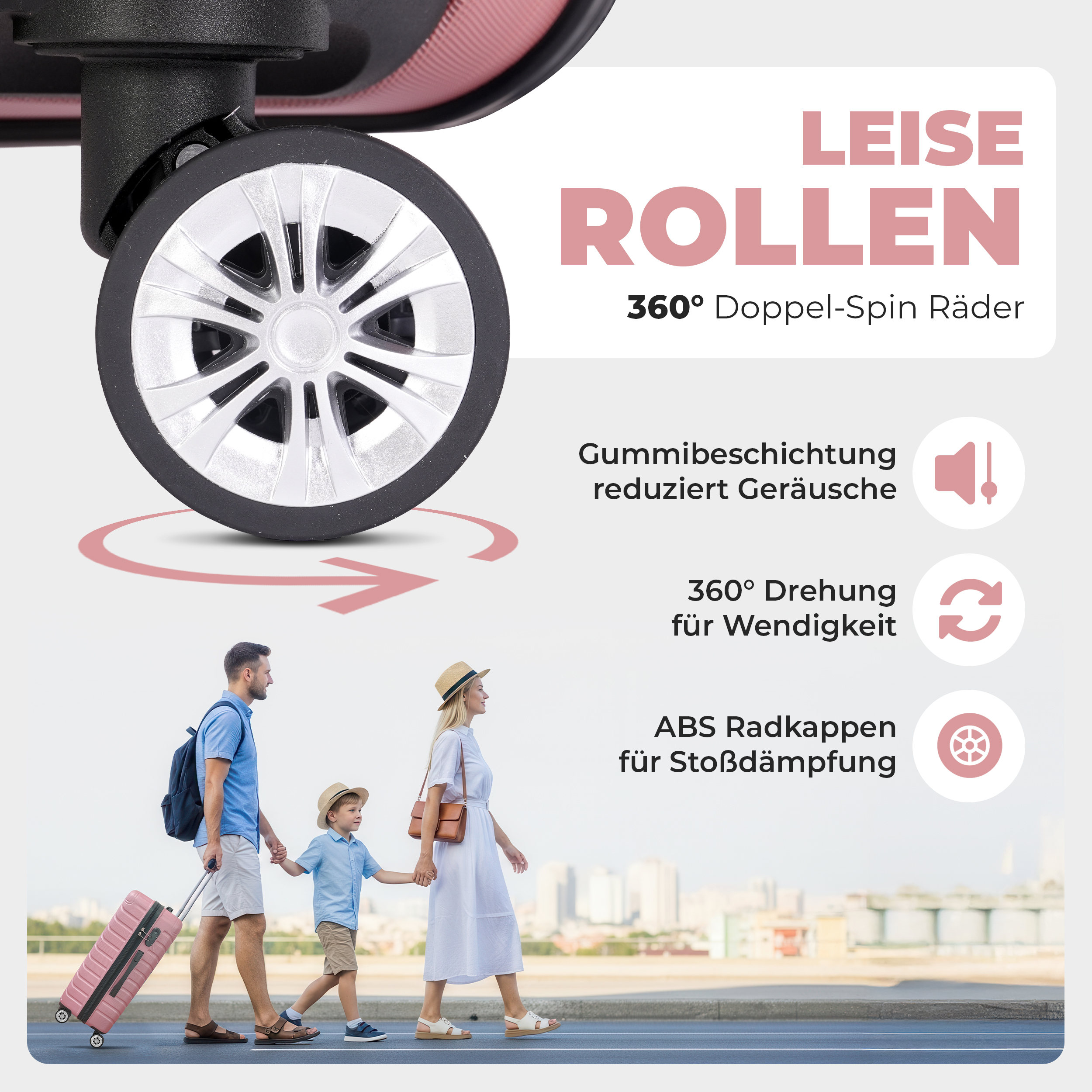 Hartschalenkoffer Set ONBEST Rose Gold mit 360° Doppelrollen für Komfort