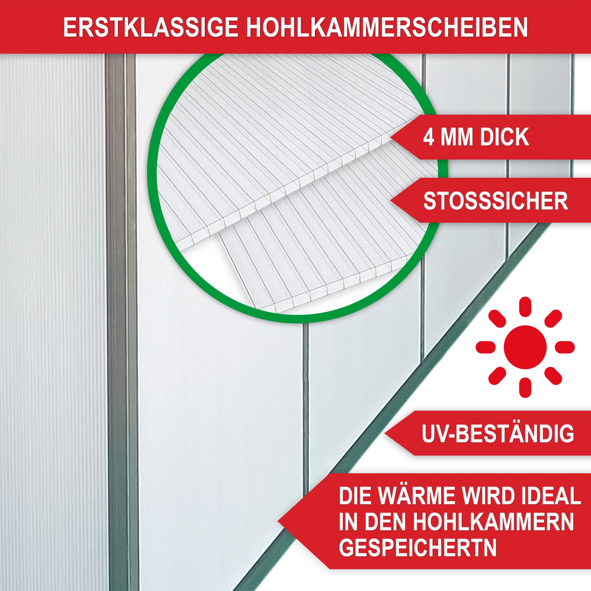 Gewächshaus Aluminium M - Erstklassige Hohlkammerscheiben, stoßsicher, UV-beständig, Wärme wird ideal in den Hohlkammern gespeichert