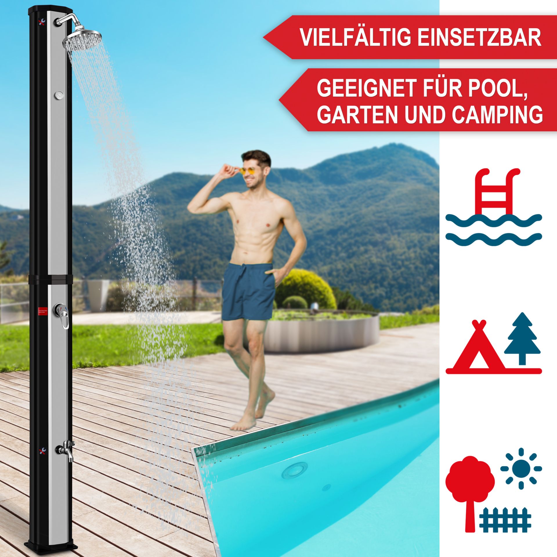 Solardusche schwarz/ silber - Vielfältig Einsetzbar, geeignet für Pool, Garten und Camping