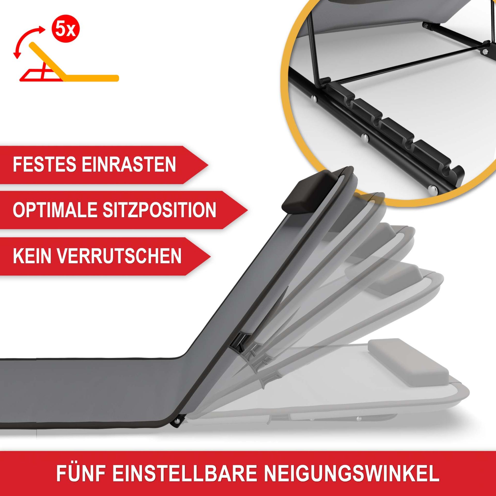 Strandliege grau - Festes Einrasten, optimale Sitzposition, kein verrutschen, 5 einstellbare Neigungswinkel