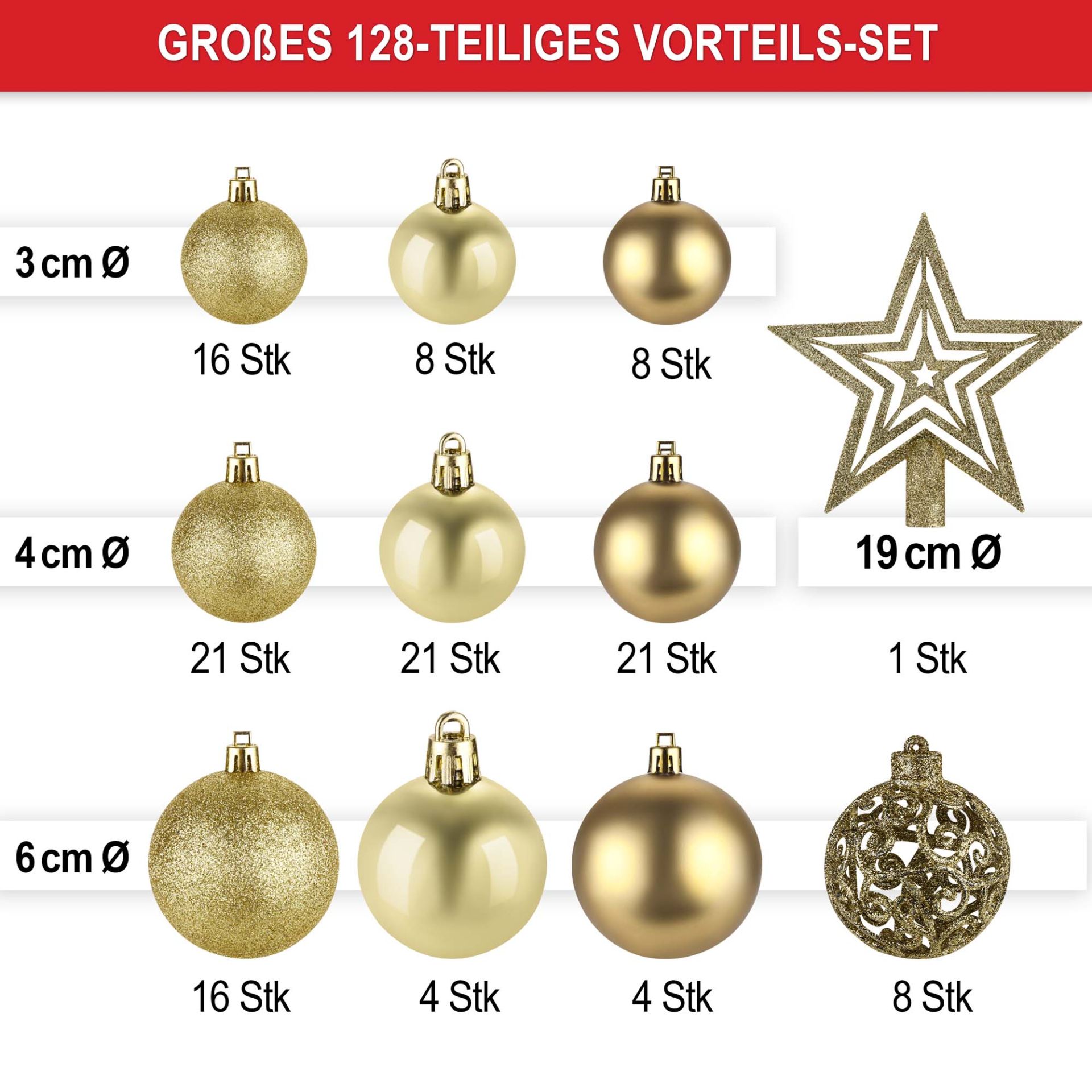 Weihnachtskugeln Gold- Großes 128 teiliges Vorteils-Set, kleine, mittlere , große Kugeln und Stern