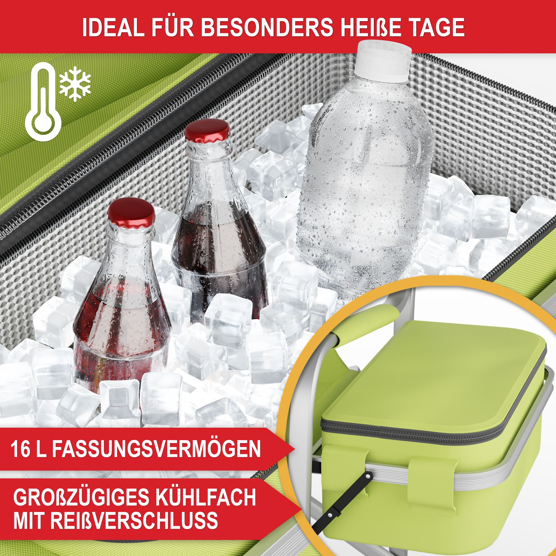 Campingstuhl mit Kühltasche grün - Ideal für besonders heiße Tage, großes Fassungsvermögen, großzügiges Kühlfach mit Reißverschluss