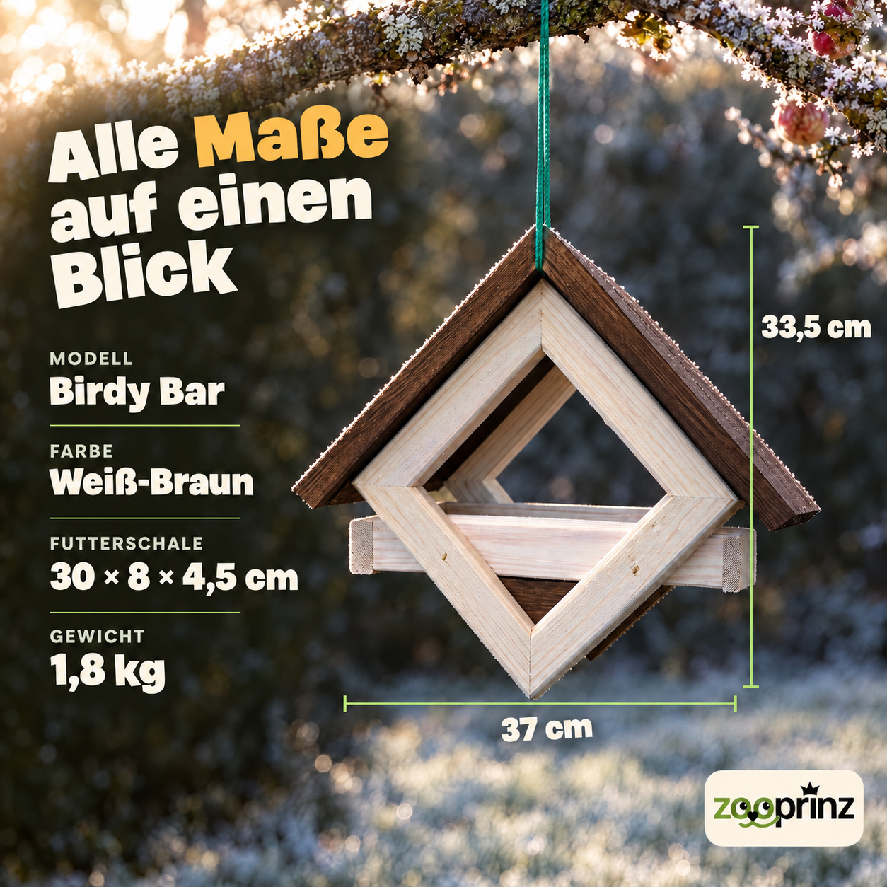 Vogelhaus Maße: Birdy Bar in Weiß-Braun misst 37x33,5 cm bei 1,8 kg (Dieses Bild wurde mit Hilfe von KI generiert.)