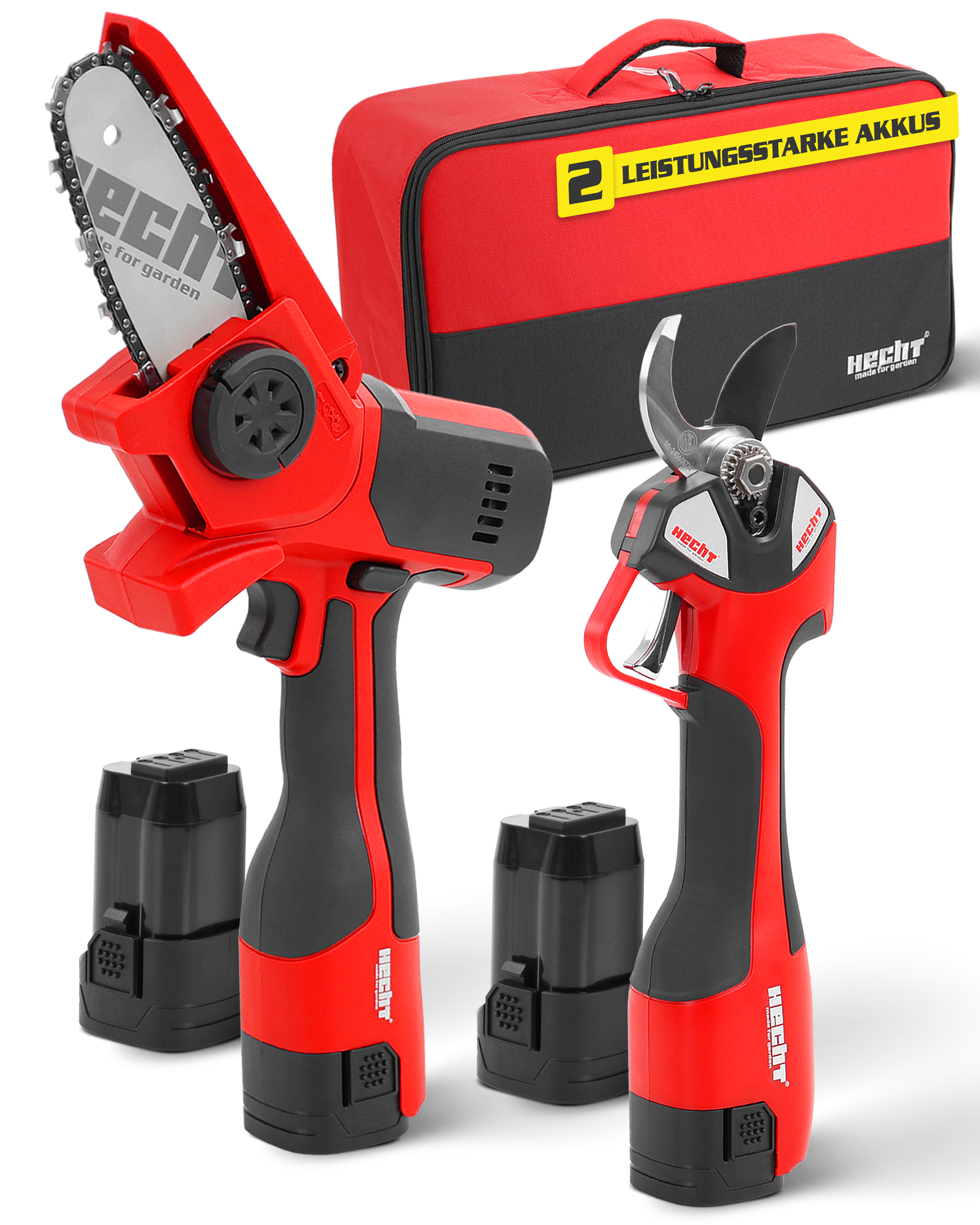 Baumpflege Set mit Mini-Kettensäge, Akku-Schere, zwei Akkus und Tasche