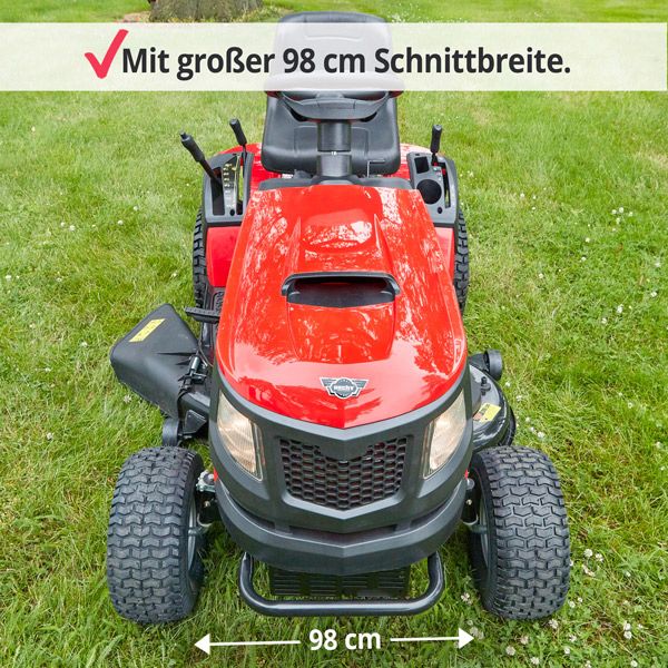 Benzin-Rasentraktor Aufsitzmäher mit 98 cm Schnittbreite für schnelles Mähen