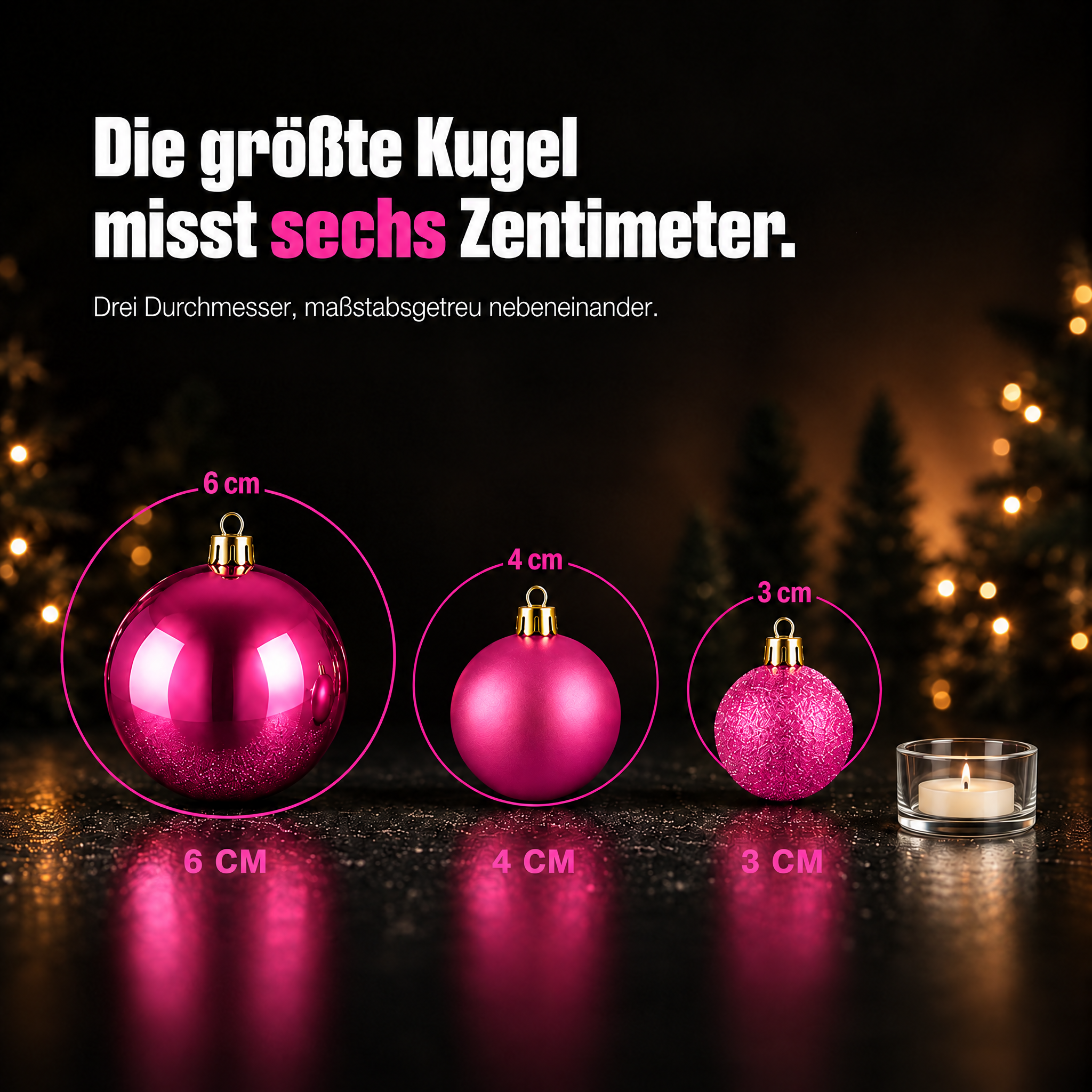 Weihnachtskugeln Größen: Drei Durchmesser maßstabsgetreu nebeneinander. (Dieses Bild wurde mit Hilfe von KI generiert.)