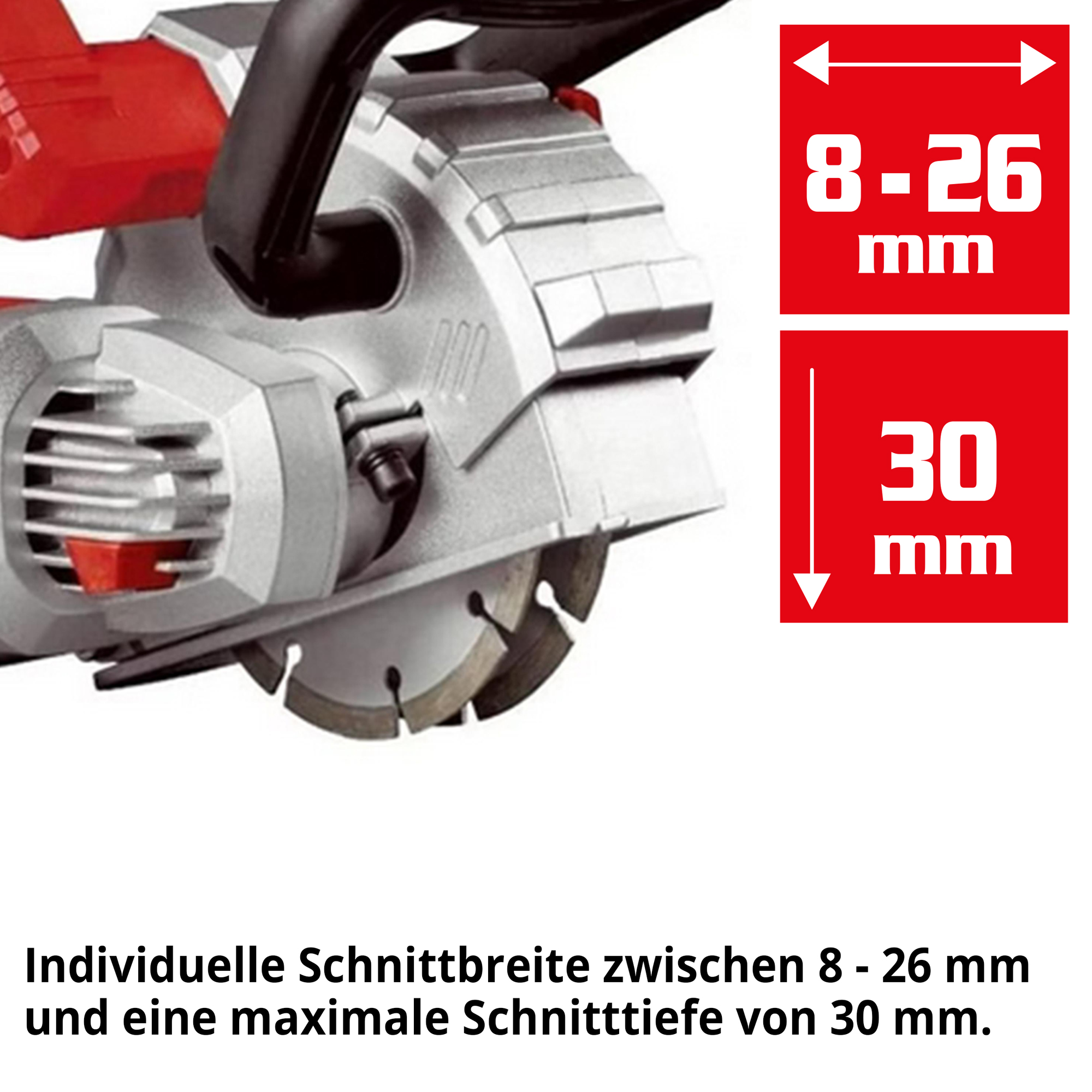 Die Mauernutfräse von HECHT hat eine individuelle Schnittbreite zwischen 8 - 26 mm und eine maximale Schnitttiefe von 30 mm