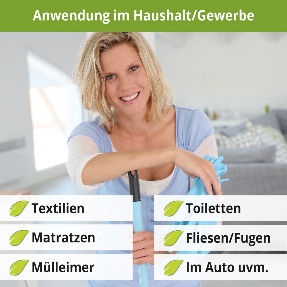 Geruchsvernichter & Sprühflasche; Anwendung im Haushalt/ Gewerbe; Textilien, Matratzen, Mülleimer, Toiletten, Fliesen/Fugen, im Auto