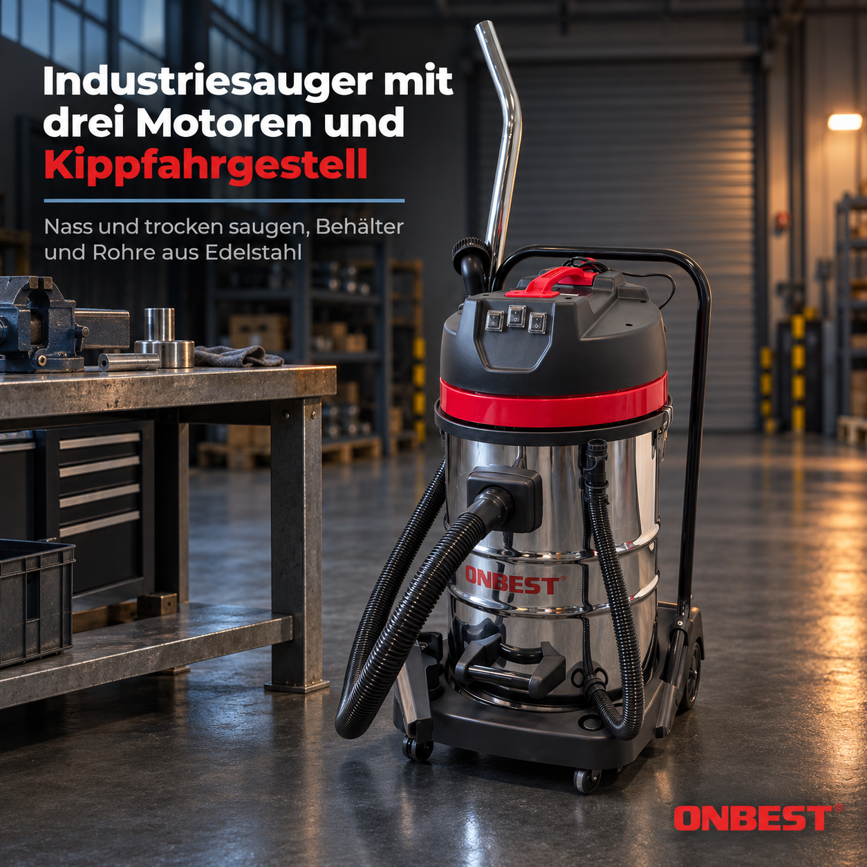 ONBEST Industriesauger: Starker Nass-Trockensauger mit Kippfahrgestell (Dieses Bild wurde mit Hilfe von KI generiert.)