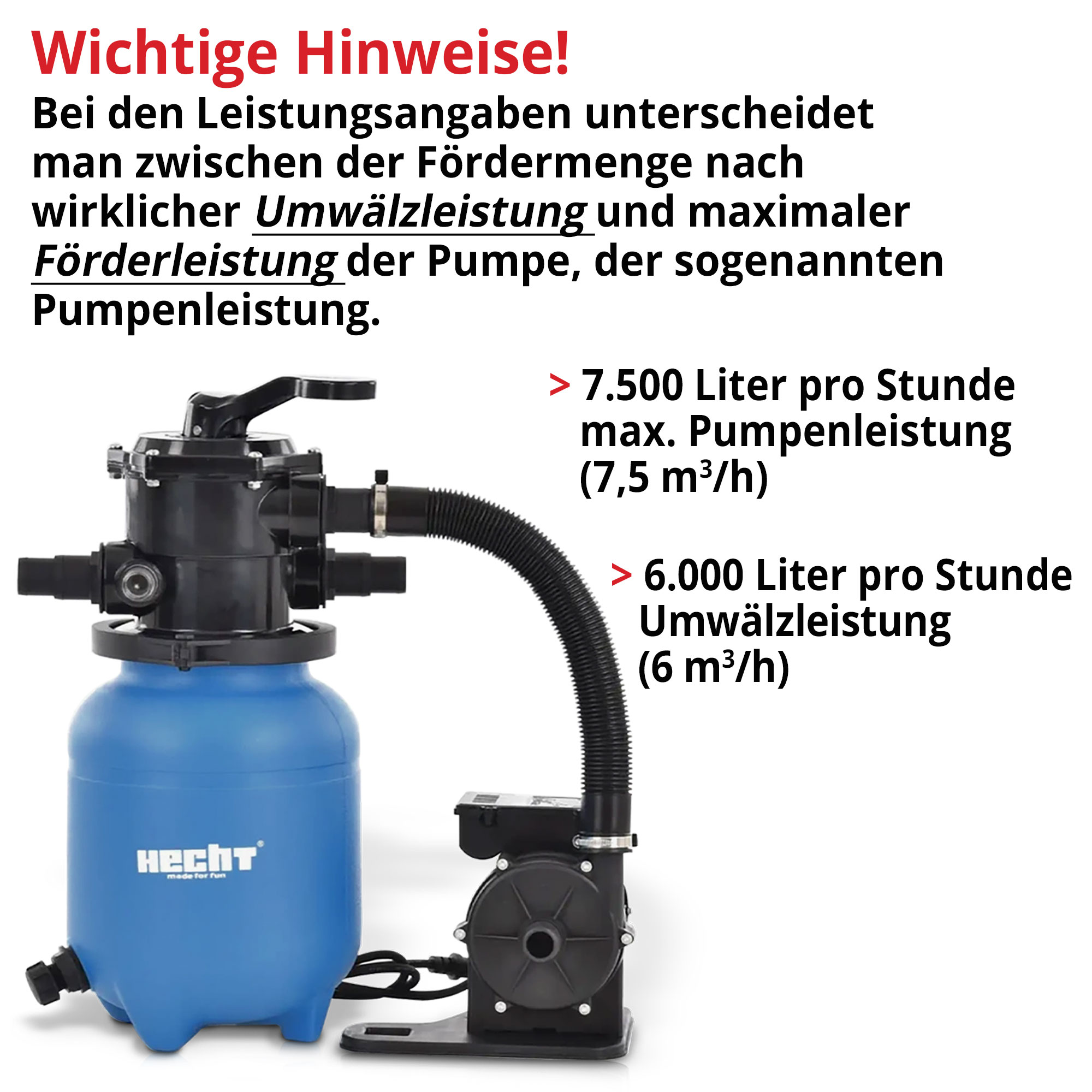 Hecht 302200 Sandfilteranlage für Pools mit 7500 l/h Pumpenleistung und 6000 l/h Umwälzleistung – effiziente Filterlösung. Unterscheidung zwischen tatsächlicher Umwälzleistung und maximaler Förderleistung der Pumpe ist wichtig.