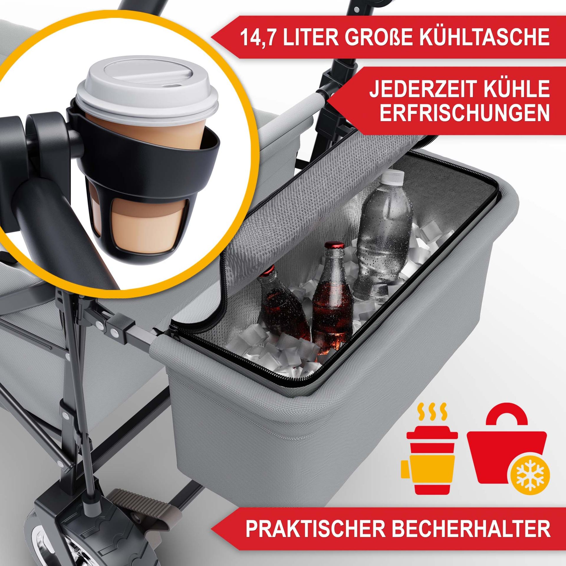 Bollerwagen mit Dach grau - Große Kühltasche, jederzeit kühle Erfrischungen, praktischer Becherhalter