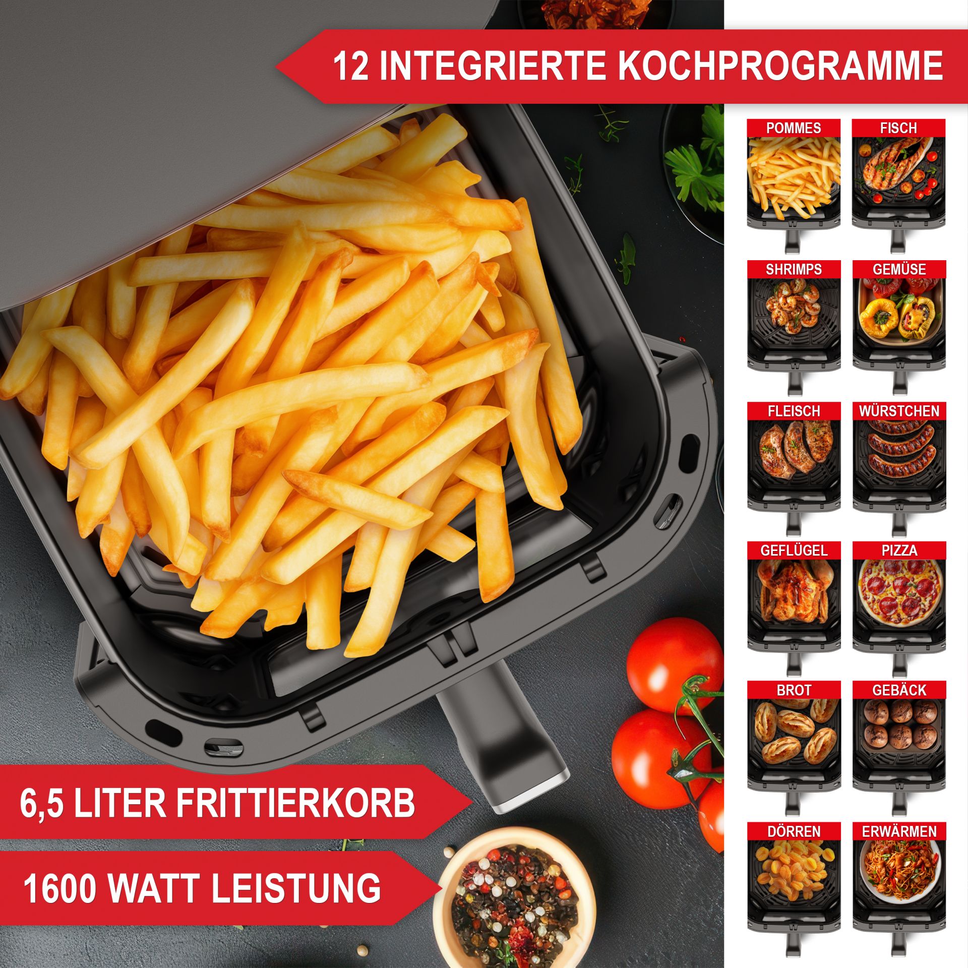 Heißluftfritteuse Airfryer - 12 integrierte Kochprogramme, großer Frittierkorb, Leistungsstark
