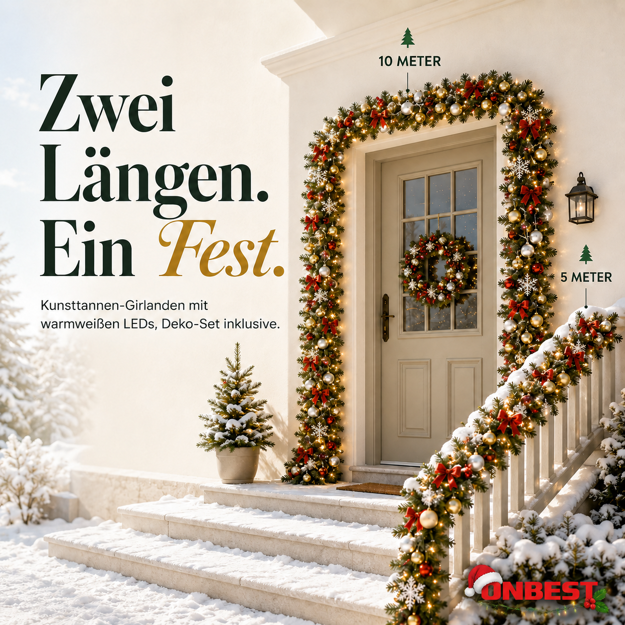 Künstliche Tannengirlande ONBEST festlich an Haustür und Treppe im Schnee (Dieses Bild wurde mit Hilfe von KI generiert.)