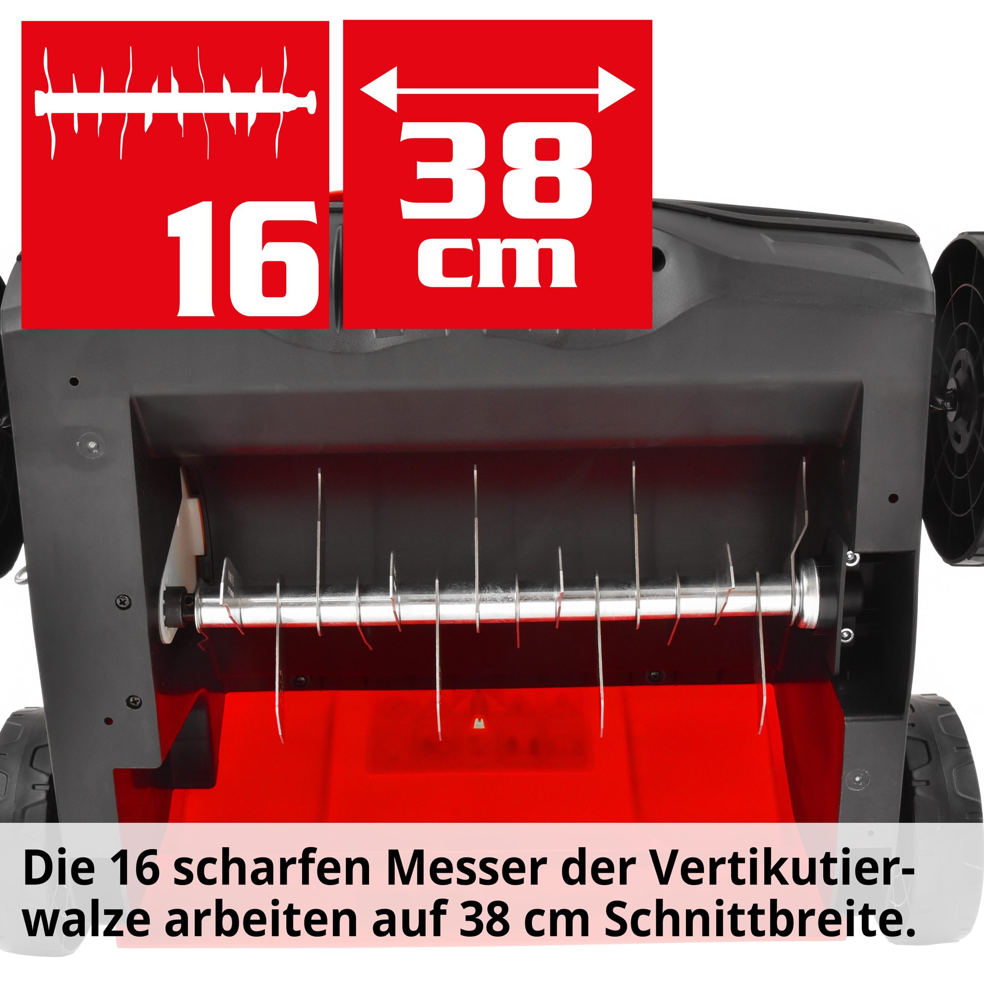 Vertikutierer; 16 scharfe Messer der Vertikutierwalze mit 38 Zentimeter Arbeitsbreite