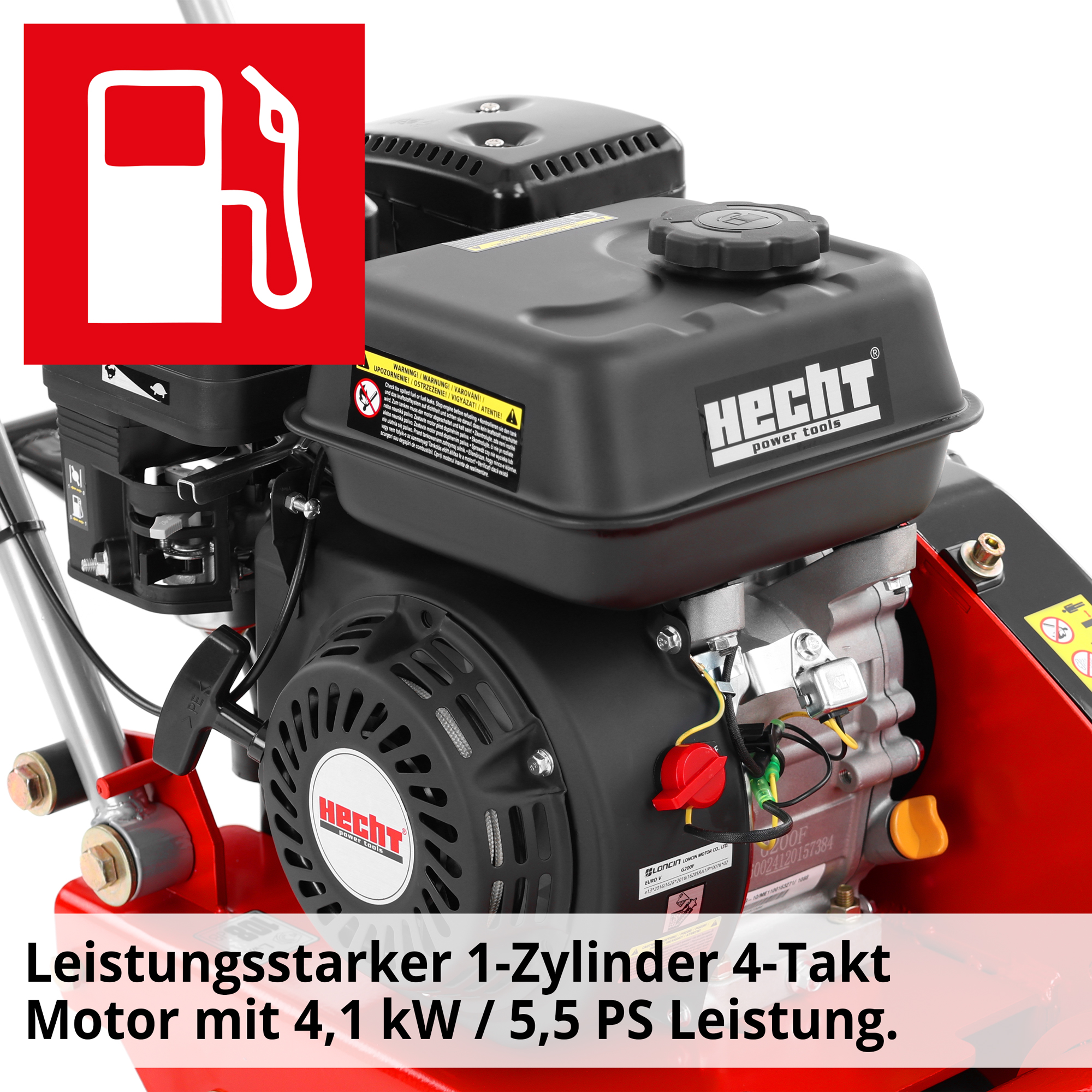 HECHT 1113 Rüttelplatte; Leistungsstarker 4-Takt Motor mit 4,1 kW / 5,5 PS Leistung