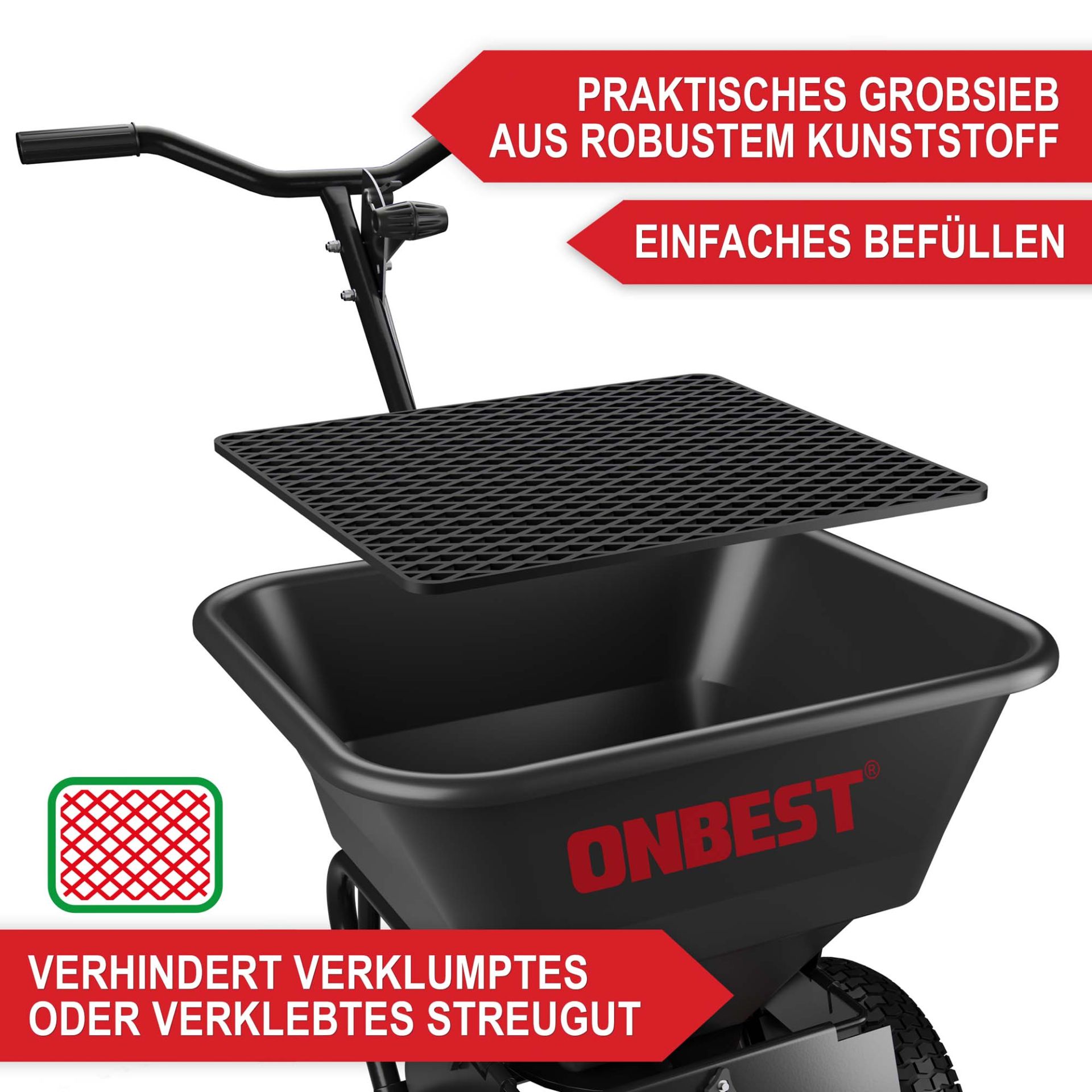 Streuwagen - praktisches Grobsieb aus robusten Kunststoff, einfaches Befüllen, verhindert verklumptes oder verklebtes Streugut