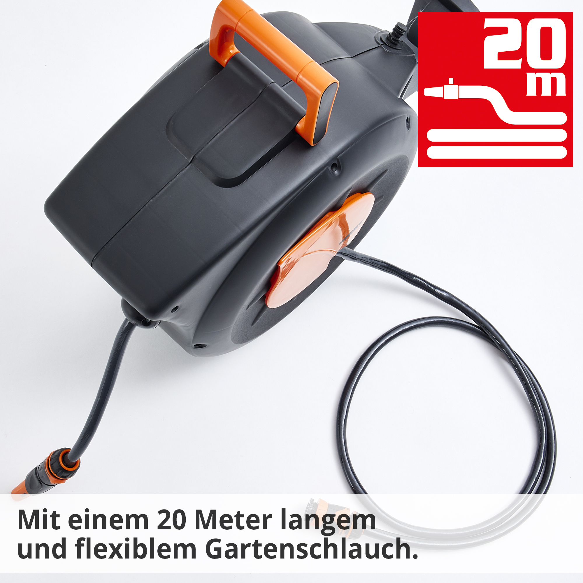 Wand-Schlauchtrommel; Mit 20 Meter langem, flexiblem Gartenschlauch (Dieses Bild wurde mit Hilfe von KI generiert.)