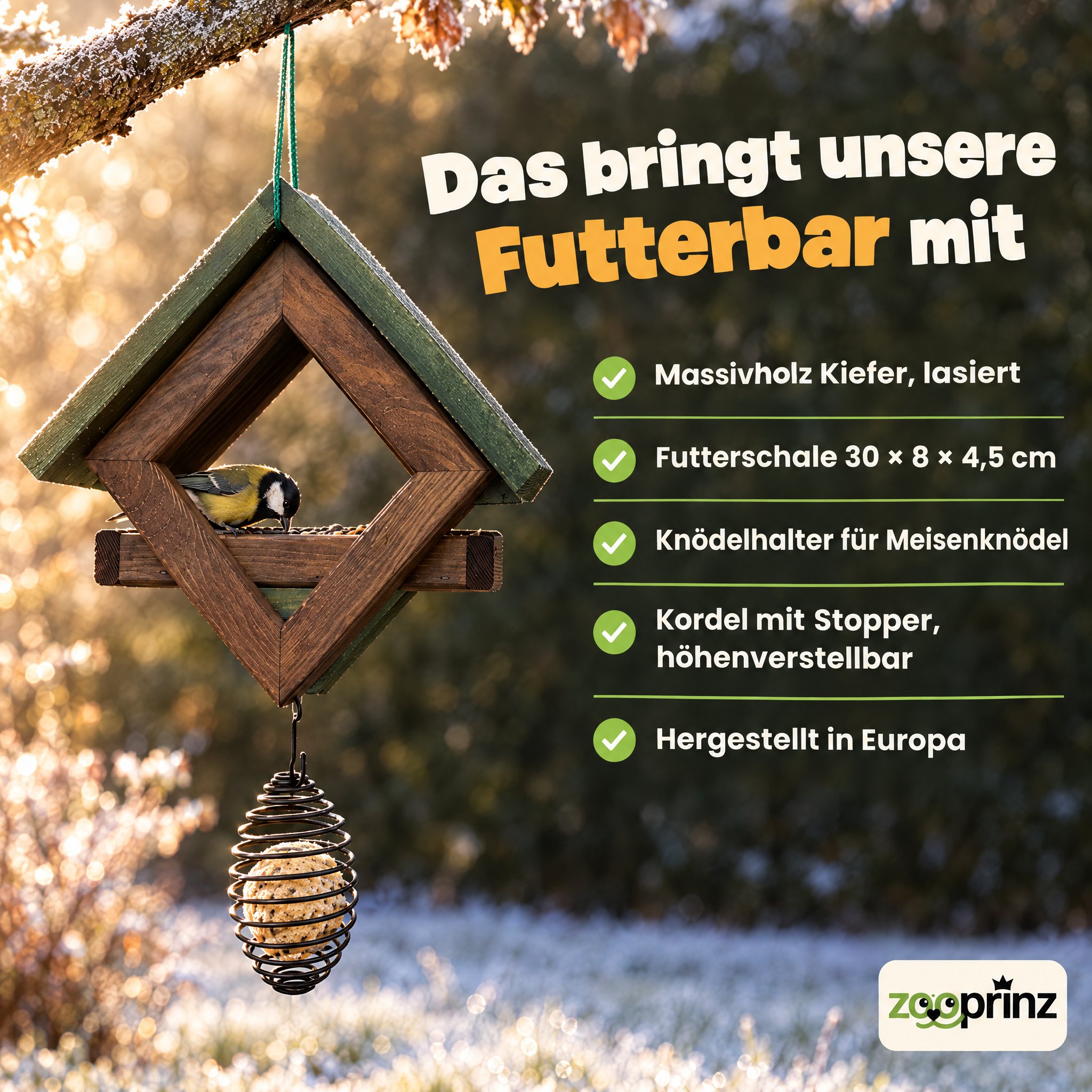 Birdy Bar Übersicht Braun-Grün: Details zum Futterhaus auf einen Blick. (Dieses Bild wurde mit Hilfe von KI generiert.)