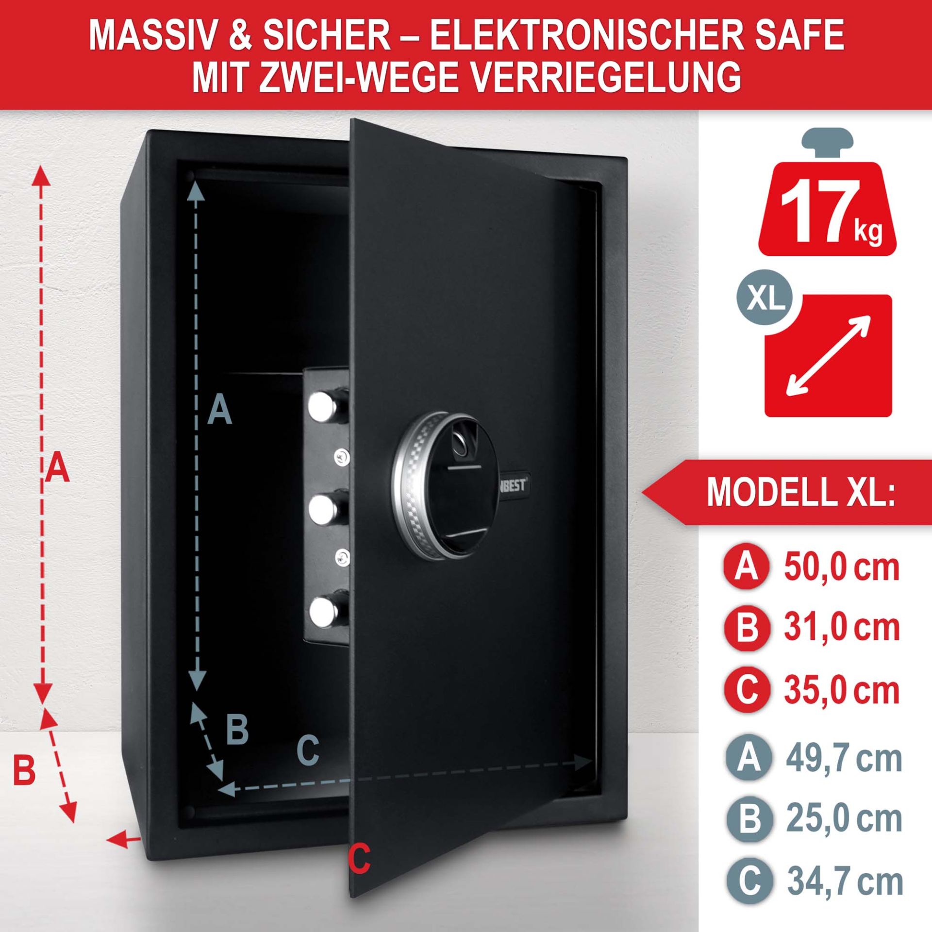 Möbeltresor XL - Massiv und sicher, elektronischer Safe mit zwei Verriegelungen