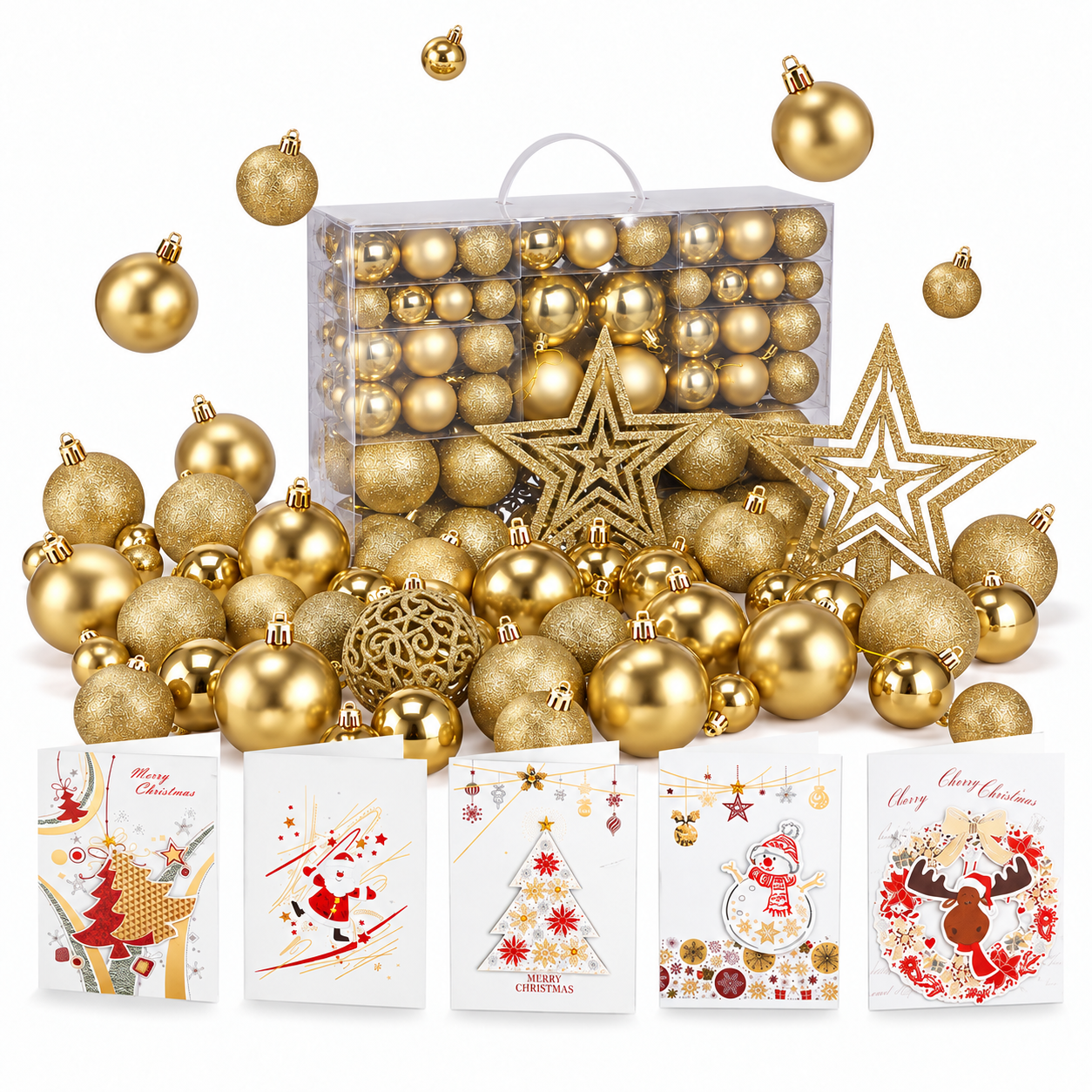 ONBEST Christbaumkugeln: Komplettes Gold-Set freigestellt auf Weiß (Dieses Bild wurde mit Hilfe von KI generiert.)