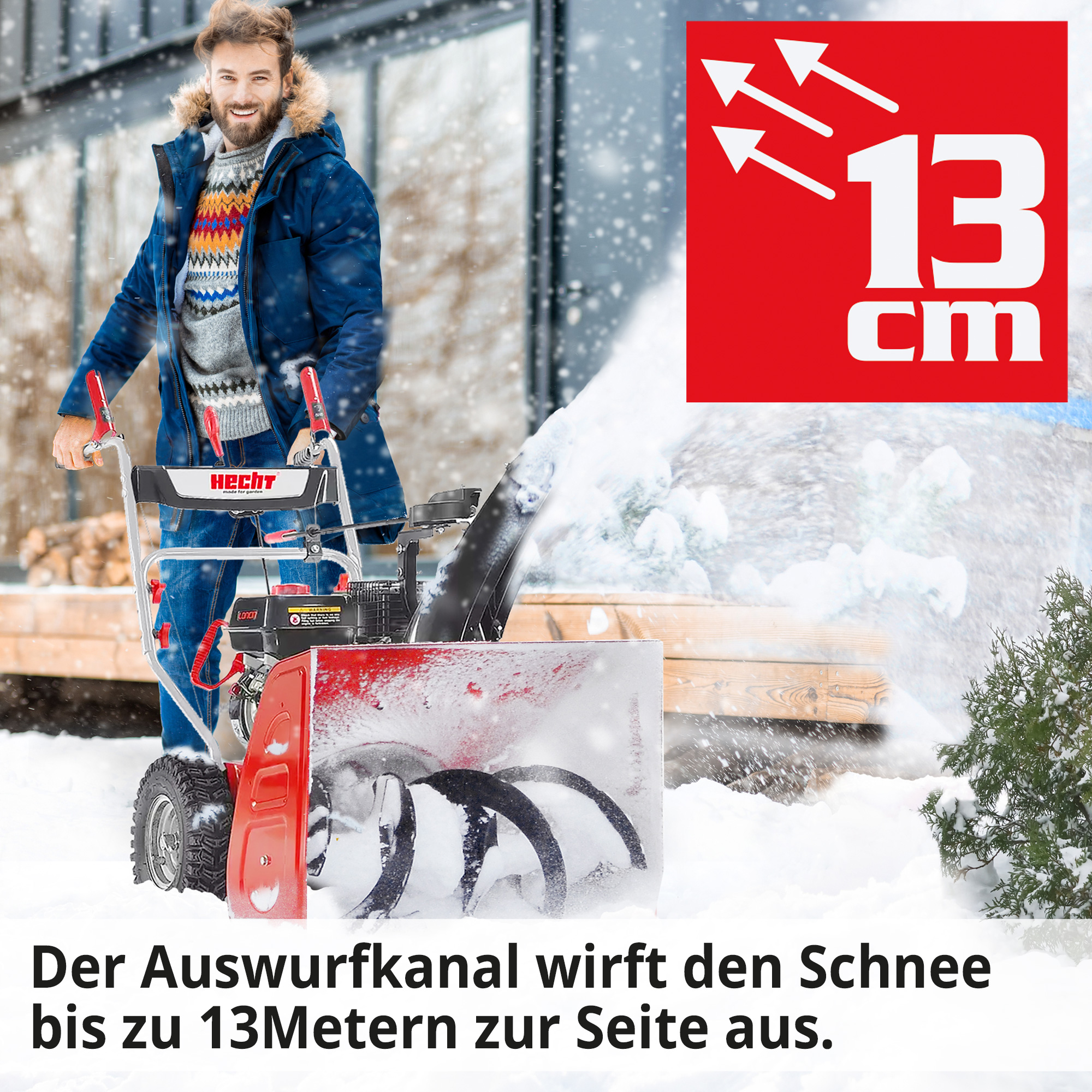 Hecht 9661 Benzin Schneefräse; Der Auswurfkanal wirft den Schnee weit zur Seite aus Hecht 9661 Benzin Schneefräse; Der Auswurfkanal wirft den Schnee weit zur Seite aus